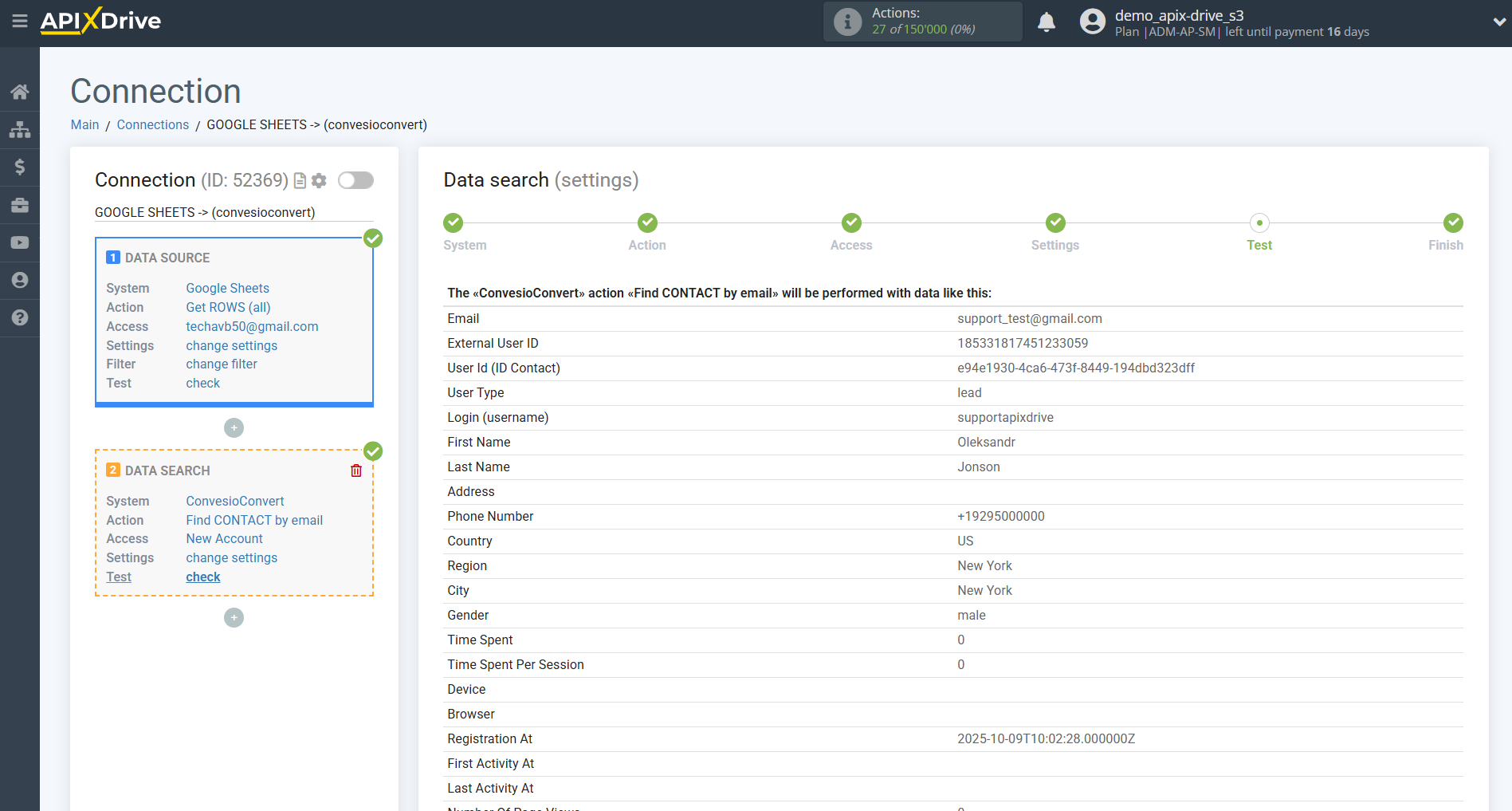 Setting up ConvesioConvert Contact Search in Google Sheets | Test data Setting up ConvesioConvert Contact Search in Google Sheets | Test data