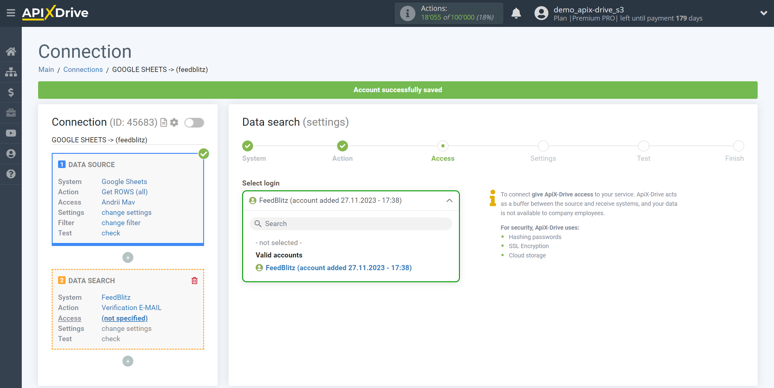 Setting Search to Verification E-MAIL FeedBlitz in Google Sheets | Selecting a Search account