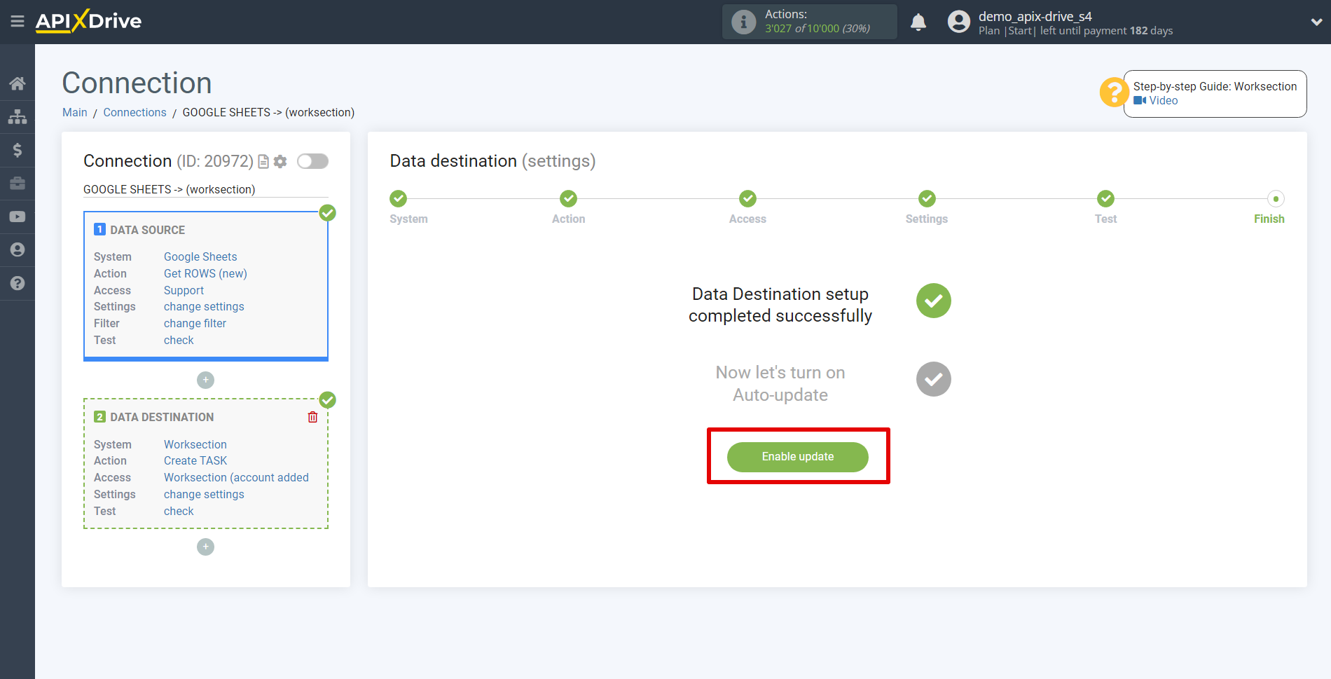 How to Connect Worksection as Data Destination | Enable auto-update