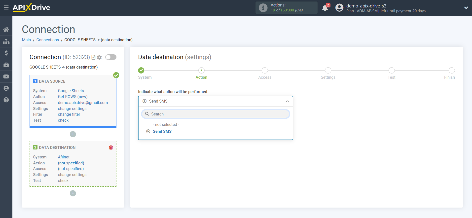 How to Connect Afilnet as Data Destination | Action selection