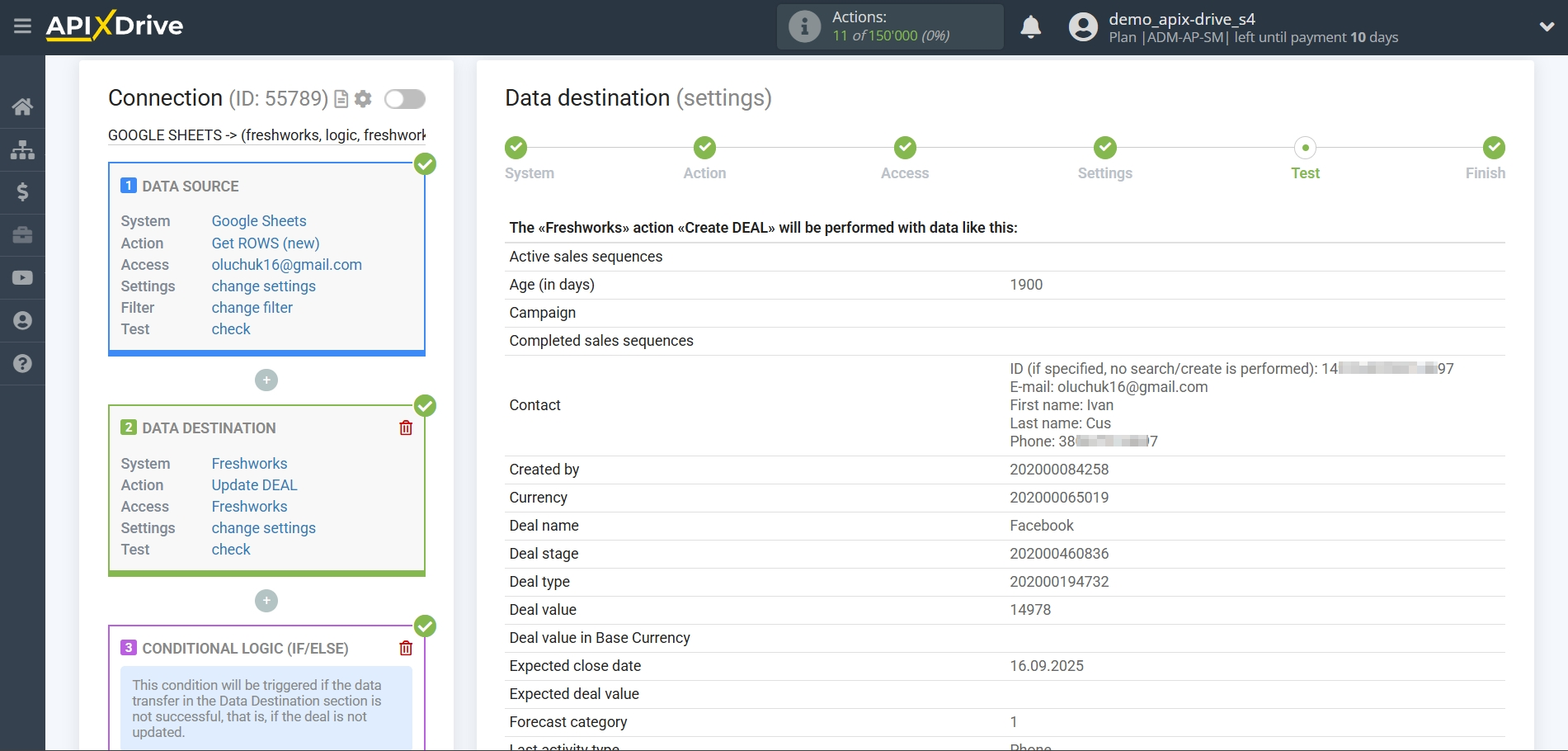 How to setup&nbsp;Freshworks Update Deal / Create Deal | Test data