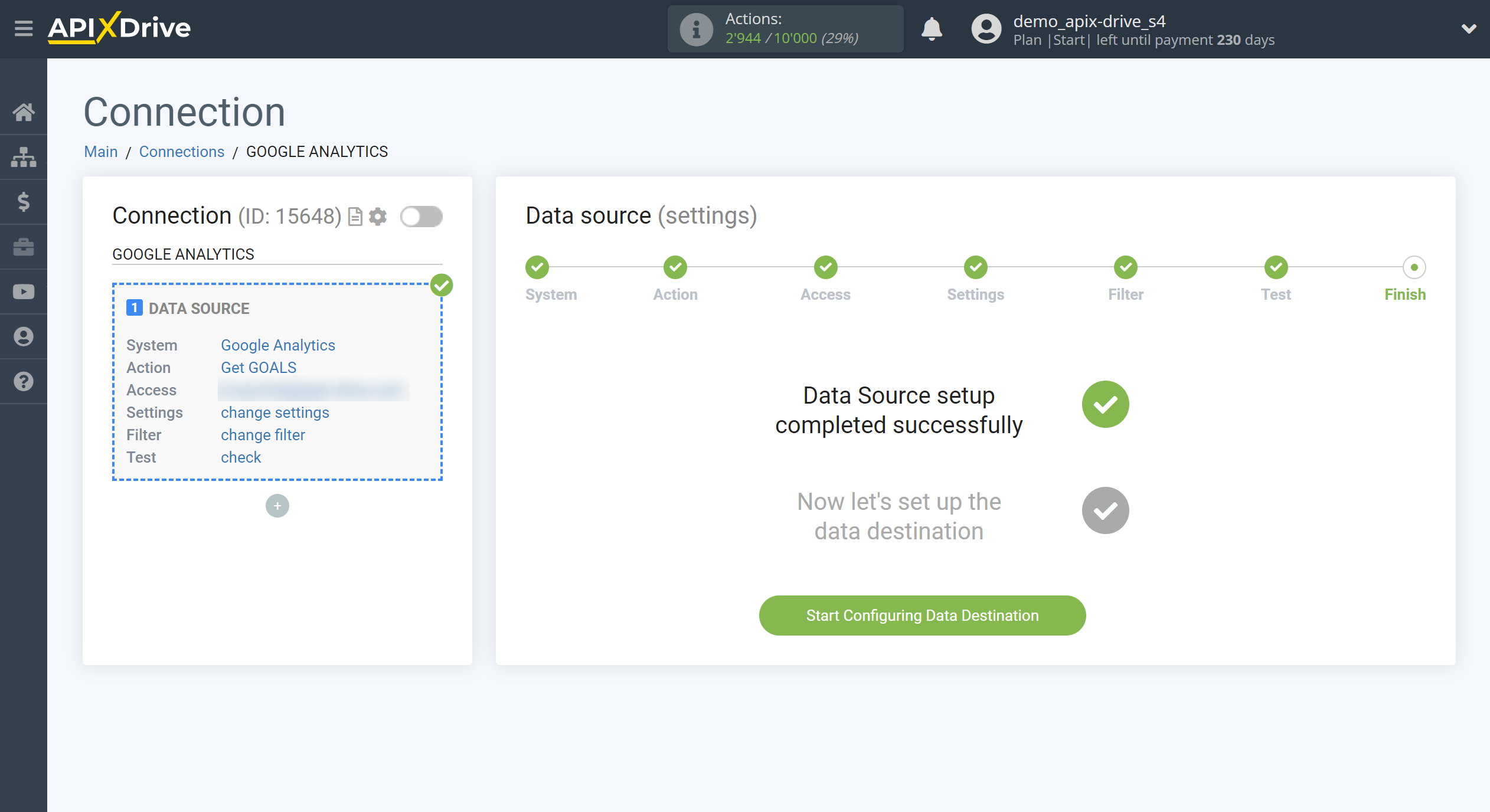 How to Connect Google Analytics as Data Source | Go to the Data Destination setup