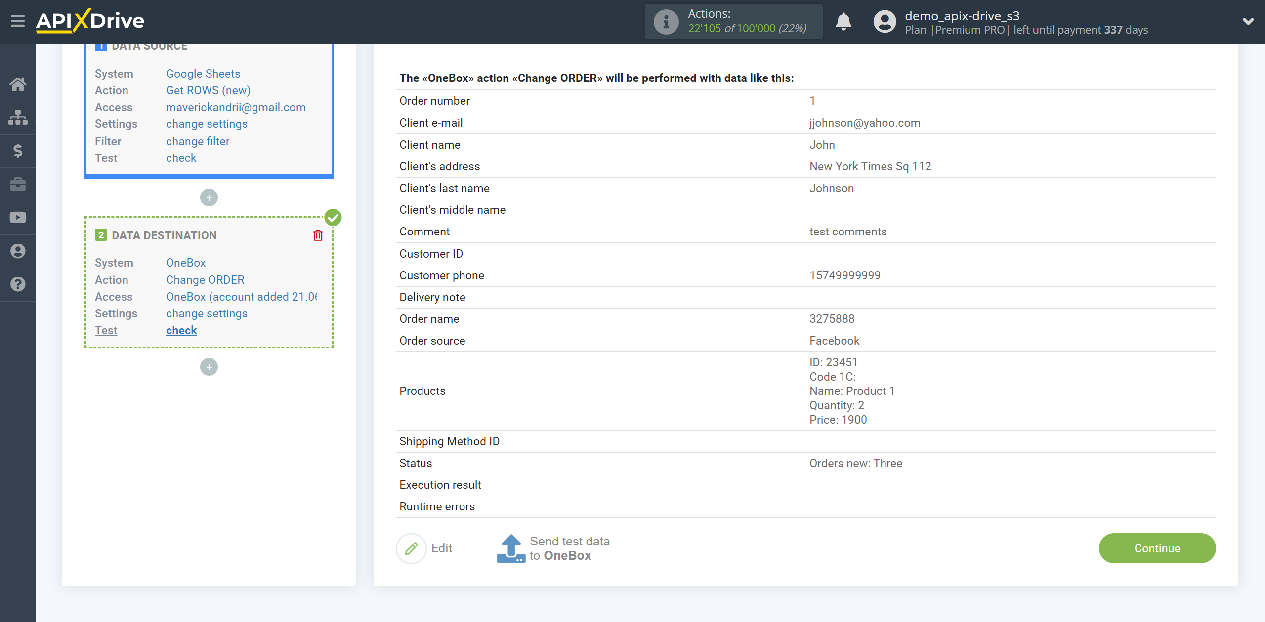 How to setup OneBox Change Order / Create Order | Test data