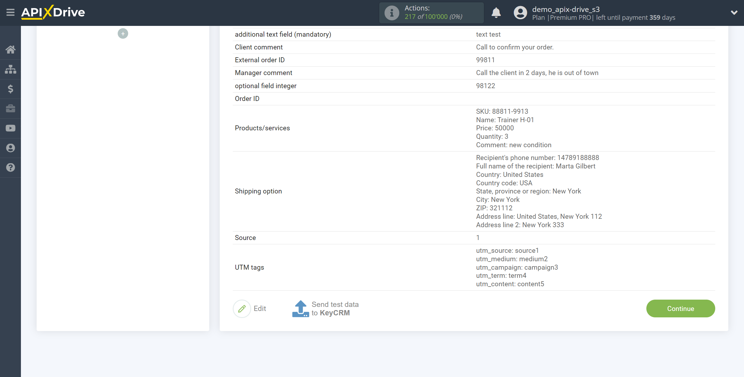 How to Connect KeyCRM as Data Destination | Test data