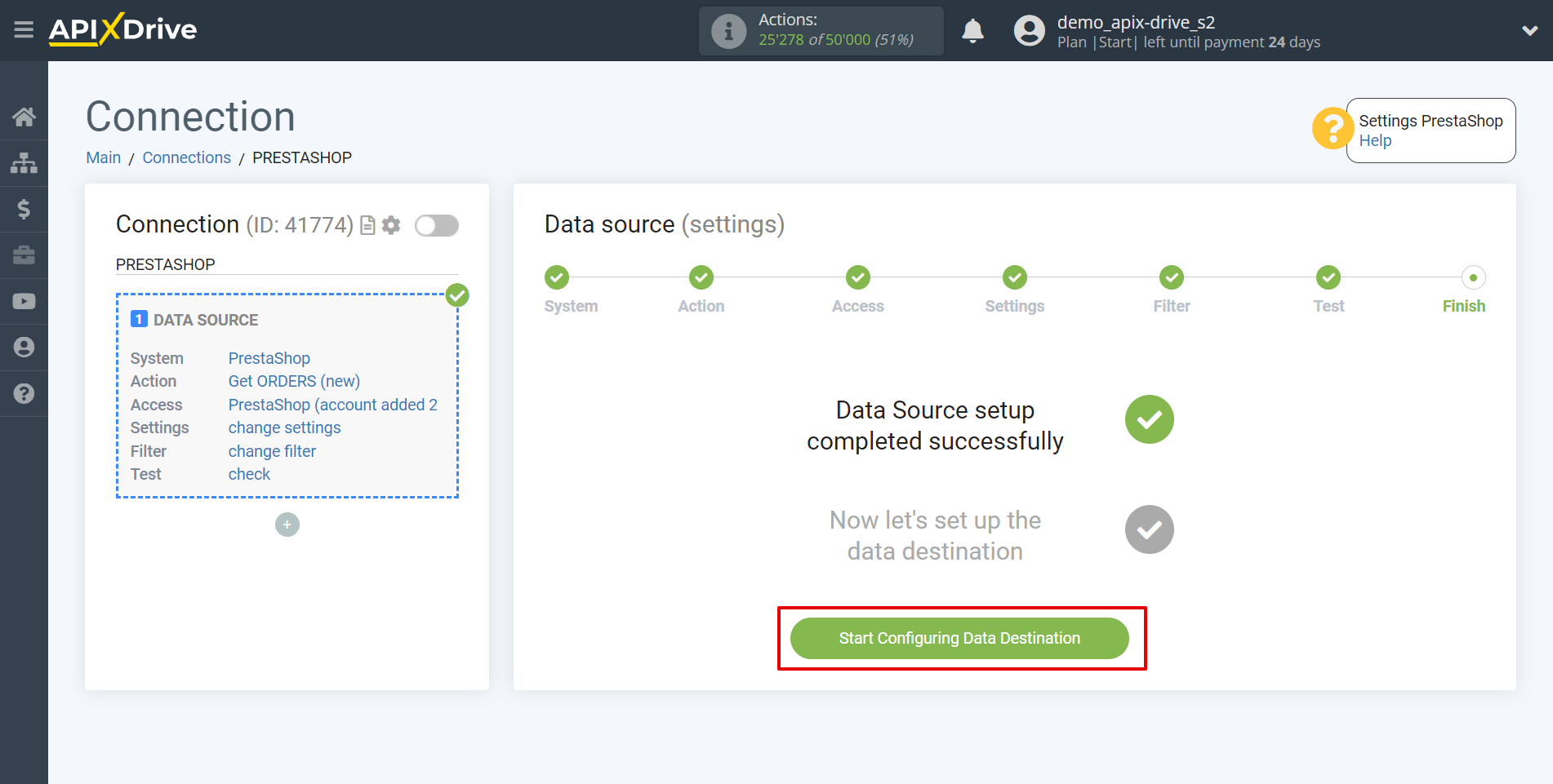 How to Connect PrestaShop as Data Source | Go to the Data Destination setup