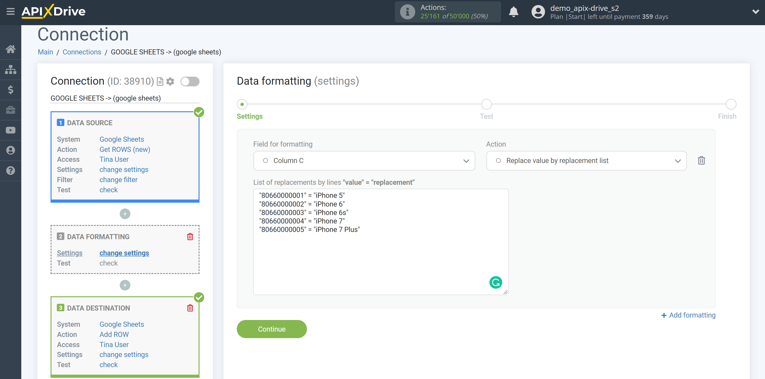 How to setup Data Formatting | Selecting the function Replace value by replacement list