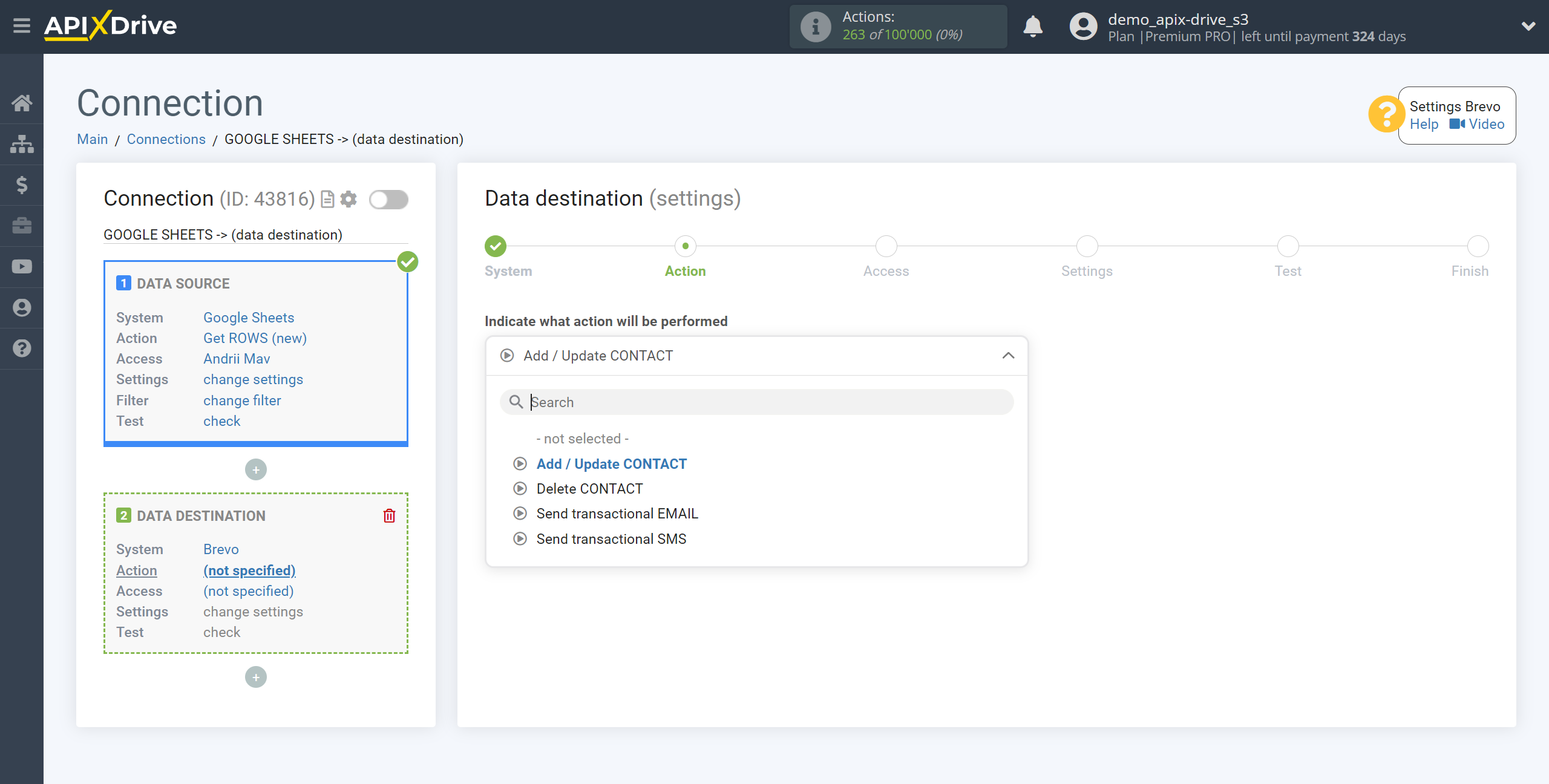 How to Connect Brevo as Data Destination | Action selection