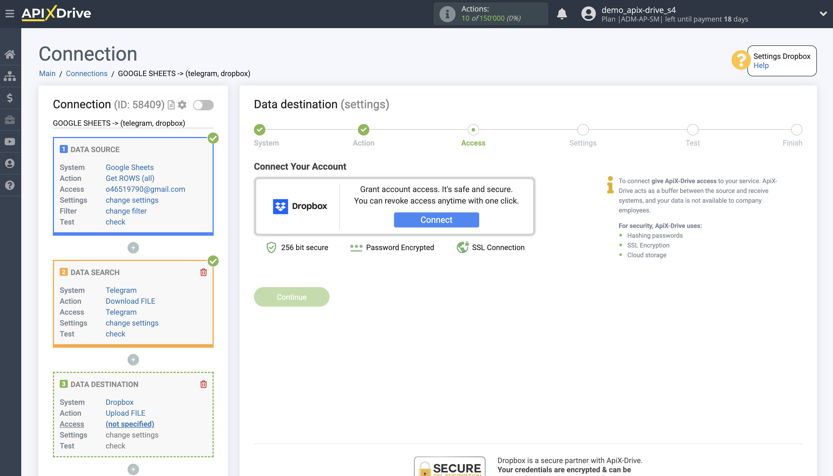 Telegram File Upload Settings to Dropbox | Account selection