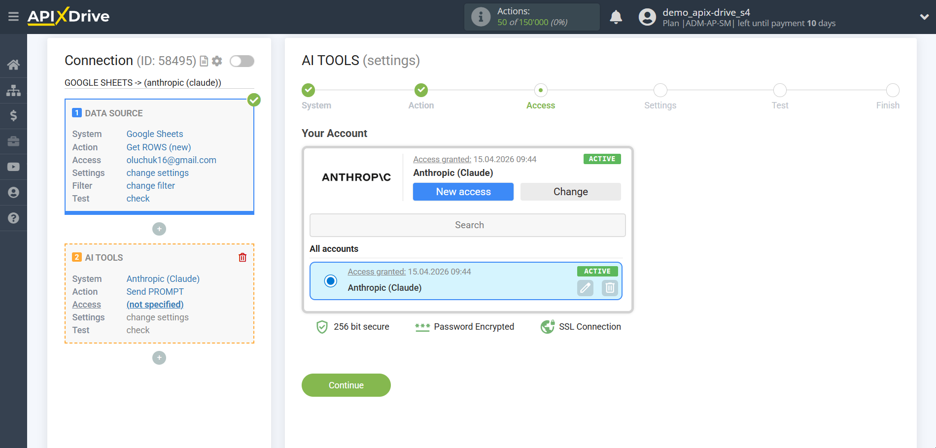 Setting up Anthropic in Google Sheets | Account selection