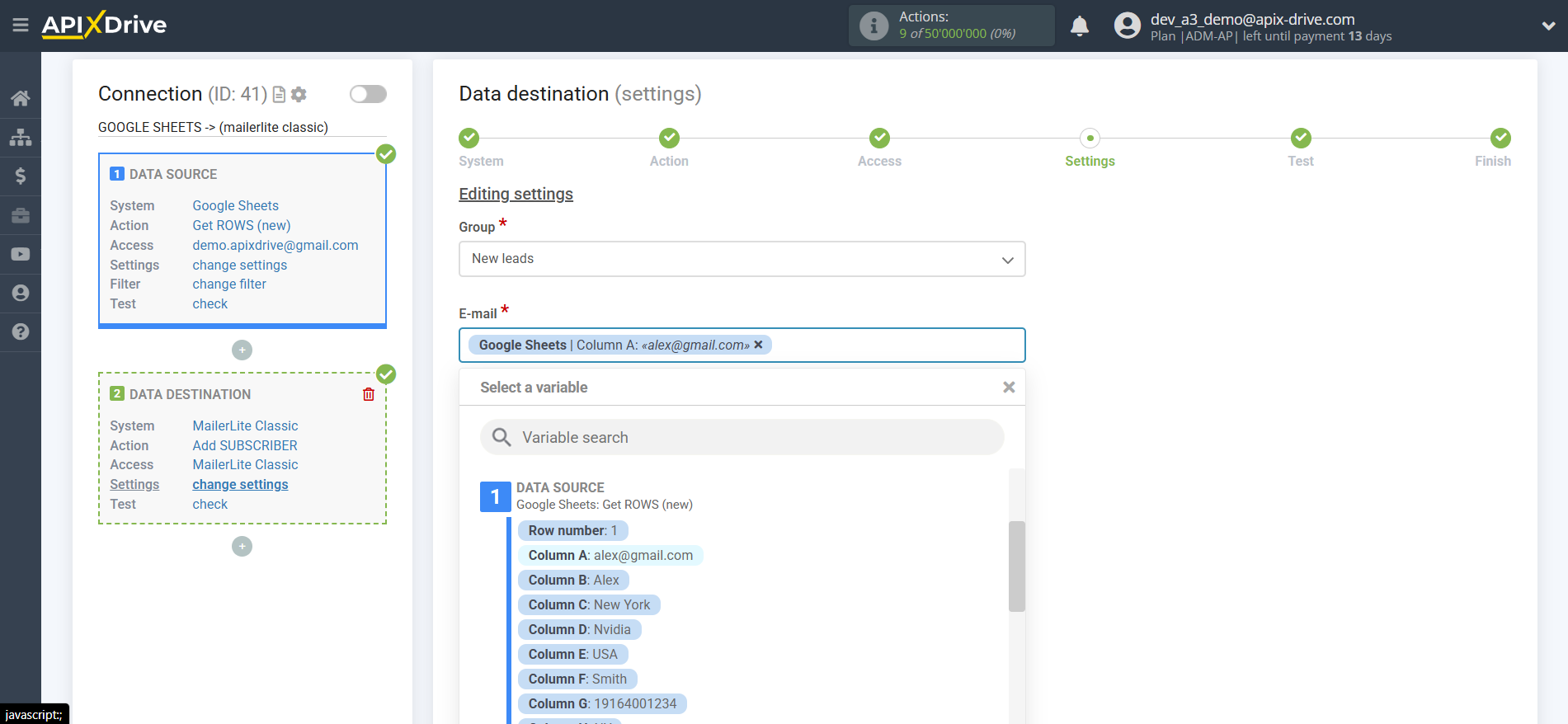 How to Connect MailerLite Classic as Data Destination | Assigning fields