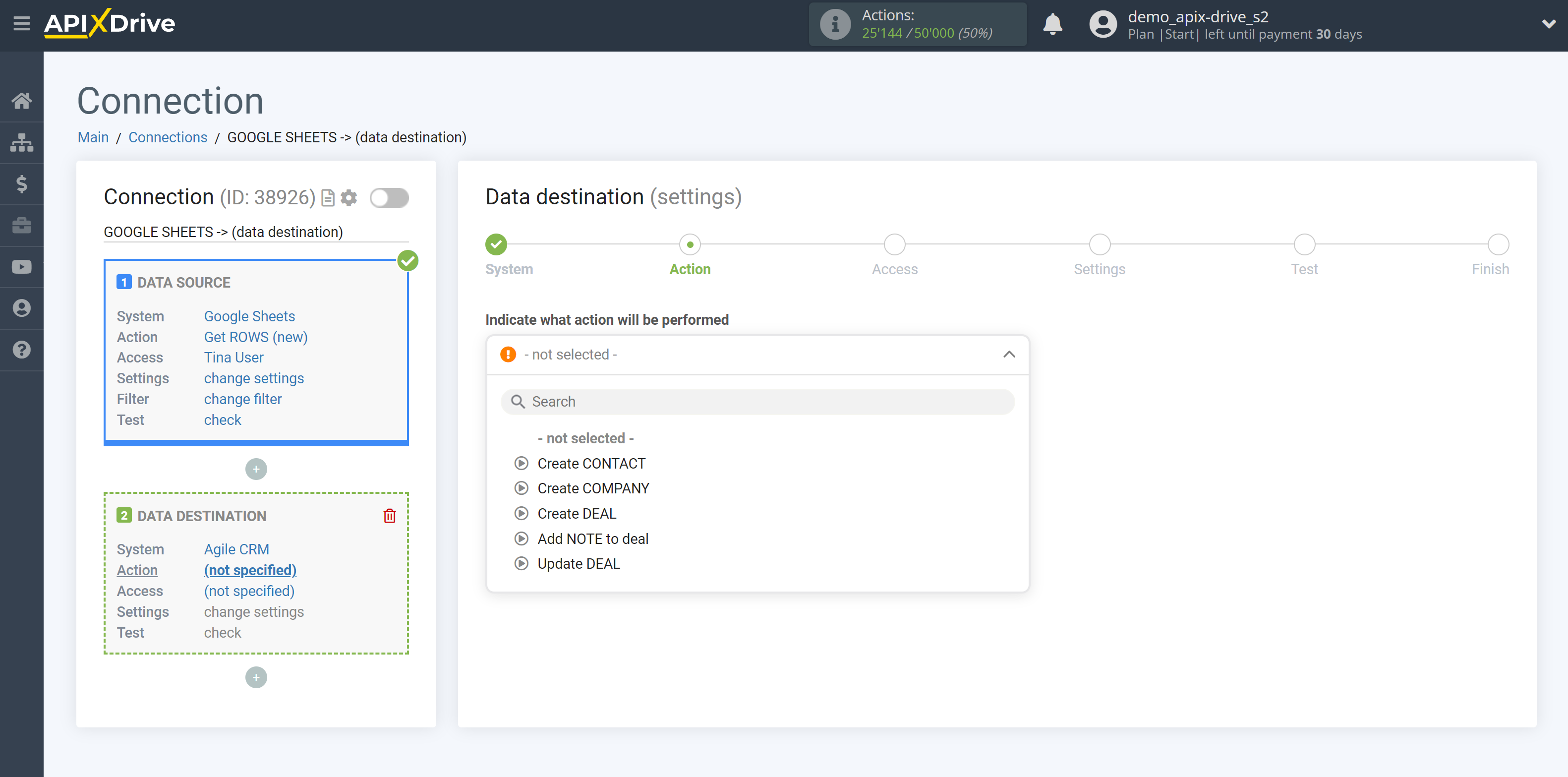 How to Connect AgileCRM as Data Destination | Action selection