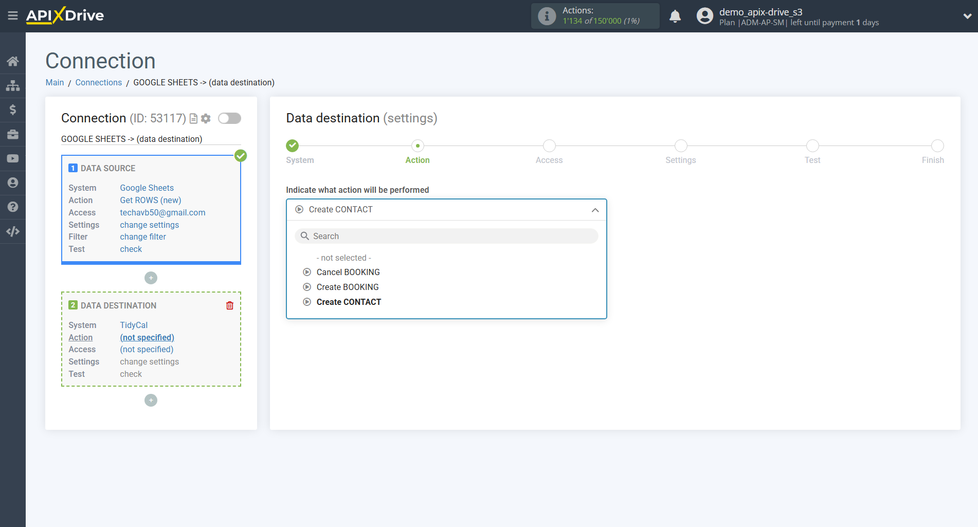 How to Connect Tidycal as Data Destination | Action selection