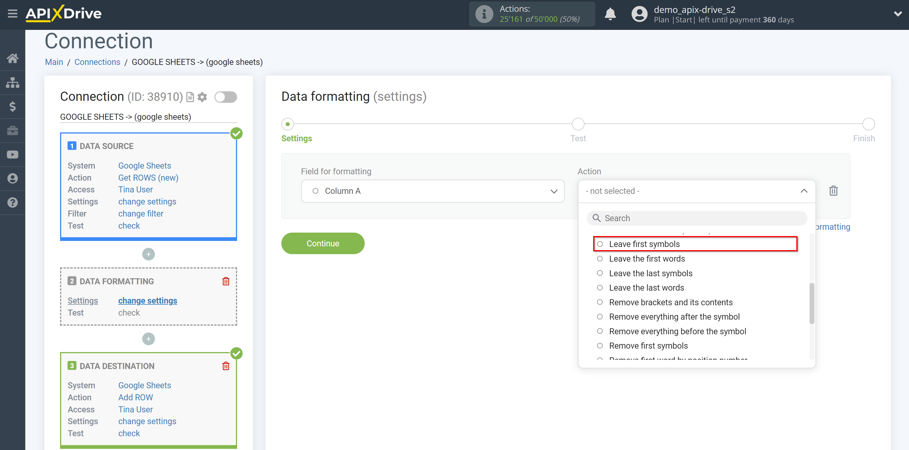 How to setup Data Formatting | Selecting the function&nbsp;Leave first symbols