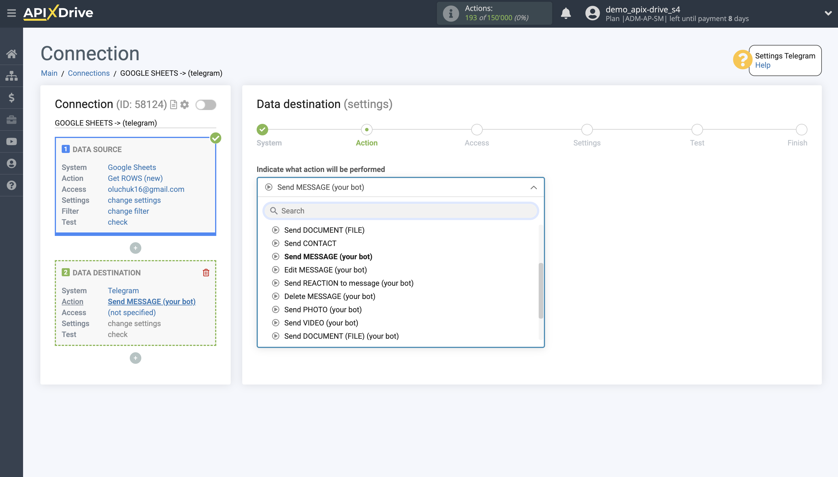How to Connect Telegram as Data Destination | Selecting an action in the data destination system