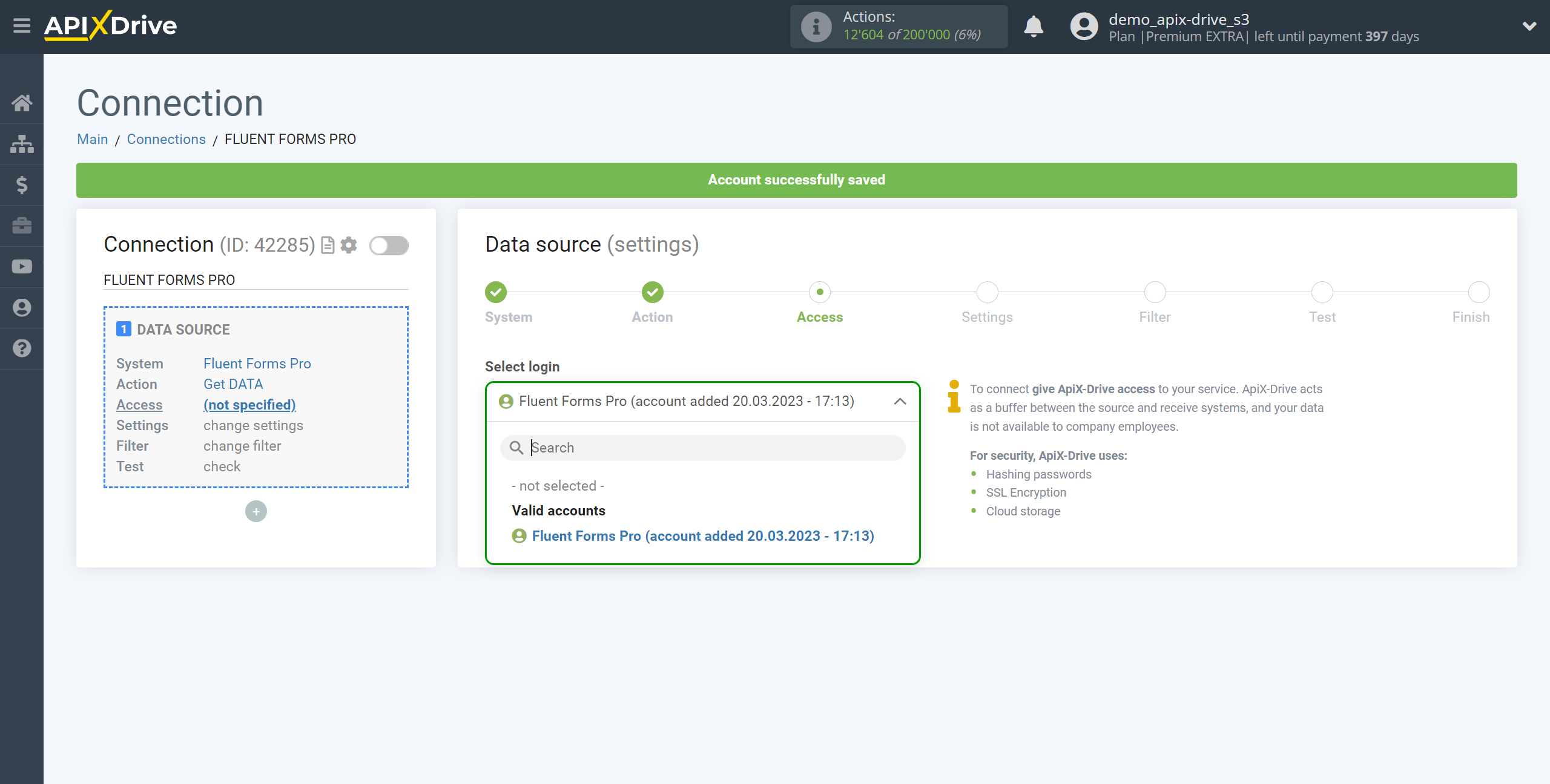 How to Connect Fluent Forms Pro as Data Source | Account selection