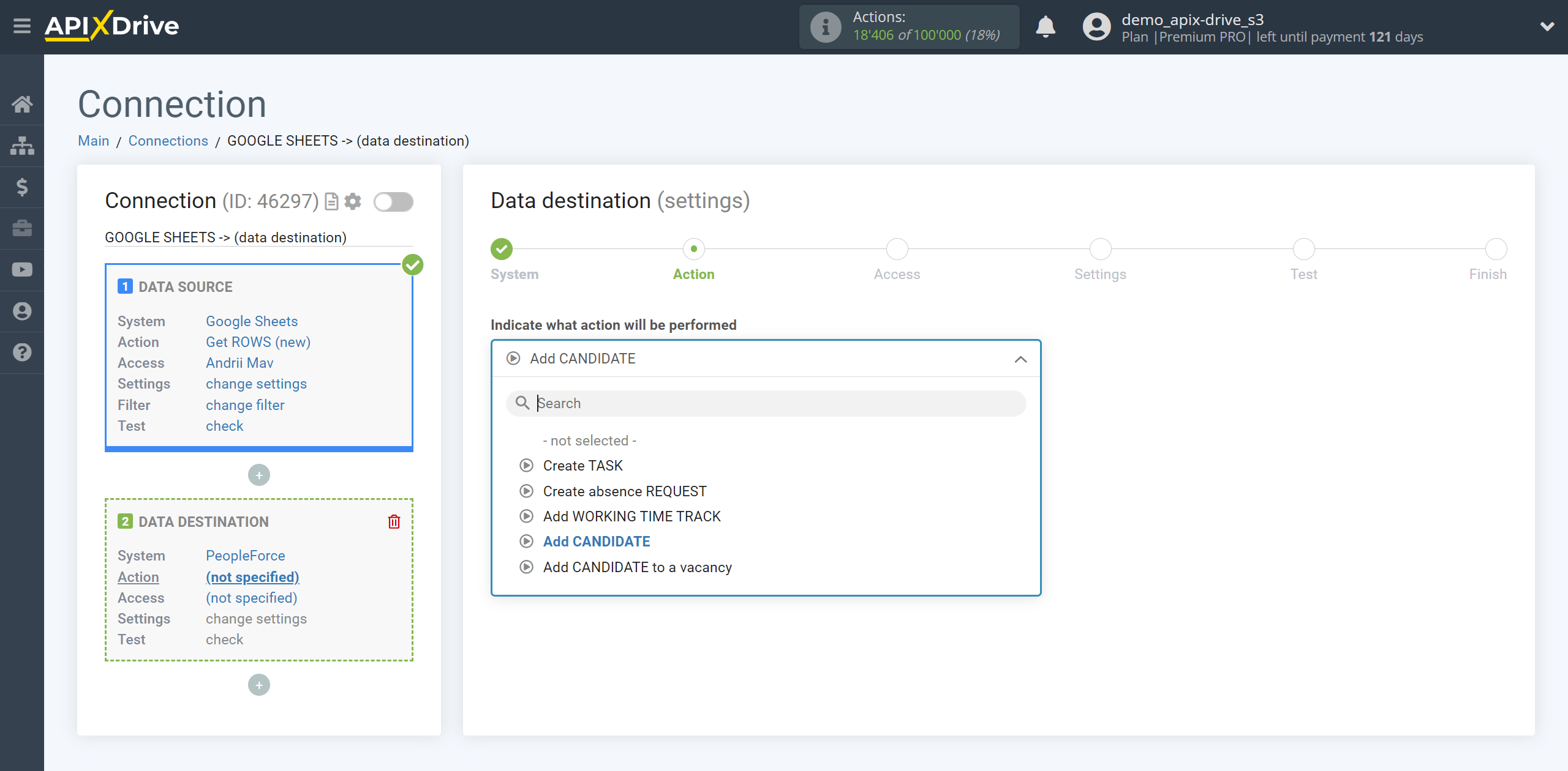 How to Connect PeopleForce as Data Destination | Action selection