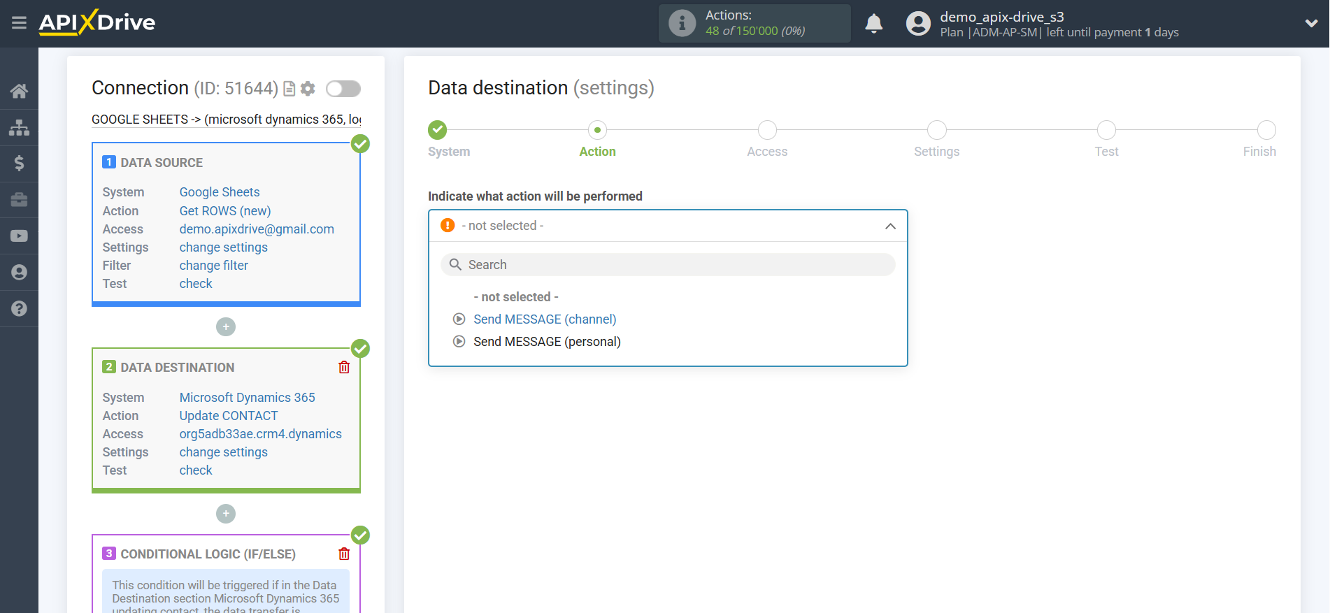 How to setup Microsoft Dynamics 365 Update Contact / Create Contact | Action selection in the Data Destination How to setup Microsoft Dynamics 365 Update Contact / Create Contact | Action selection in the Data Destination
