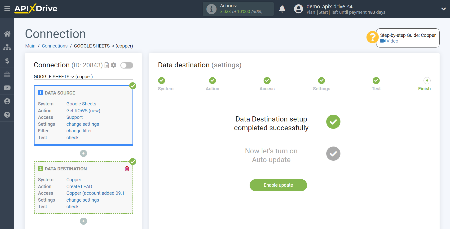 How to Connect Copper as Data Destination | Enable auto-update