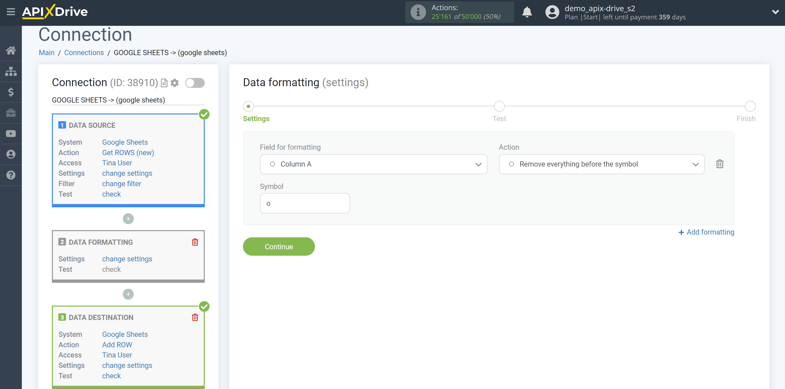 How to setup Data Formatting | Selecting the function Remove everything before the symbol