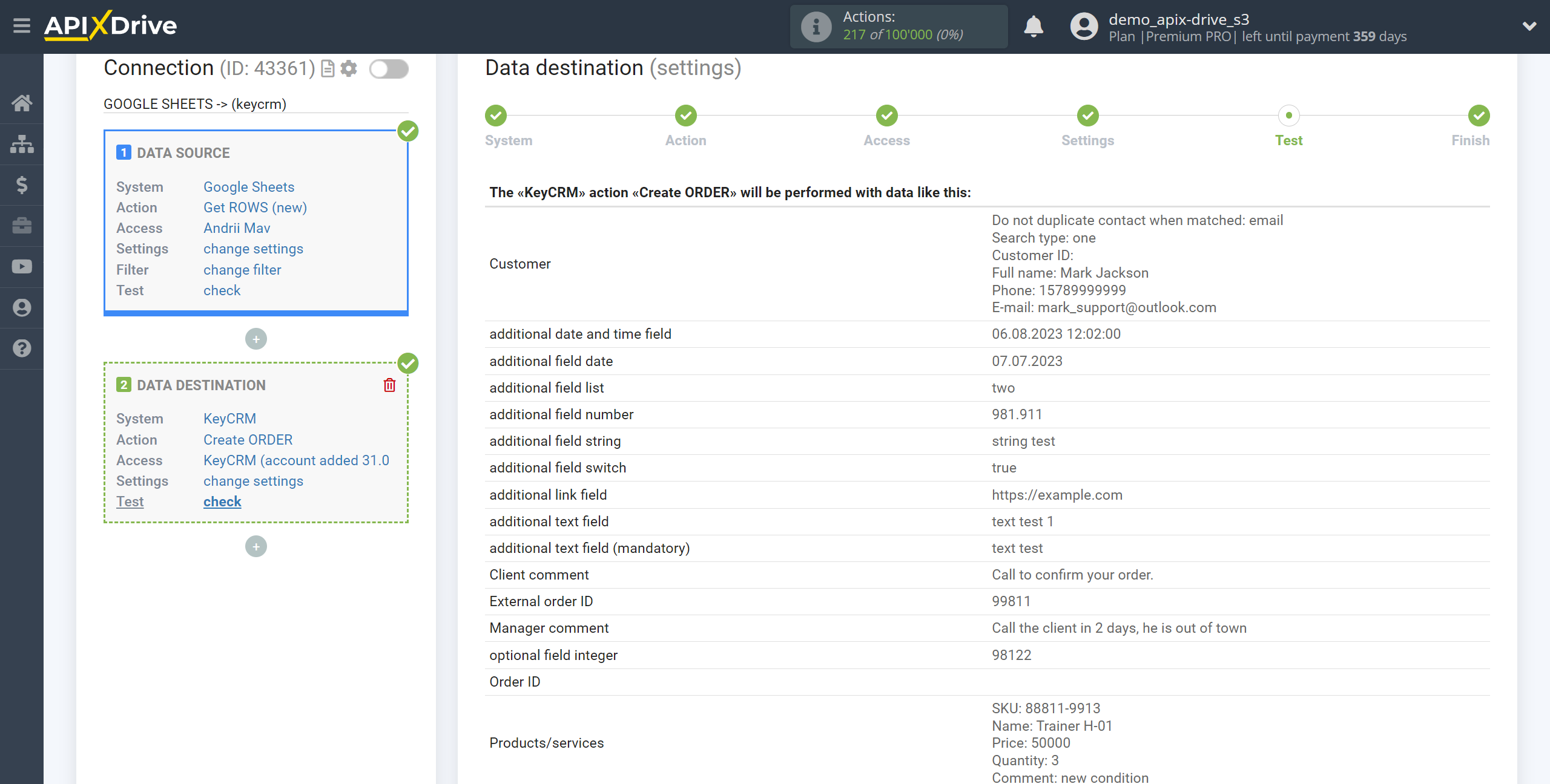 How to Connect KeyCRM as Data Destination | Test data