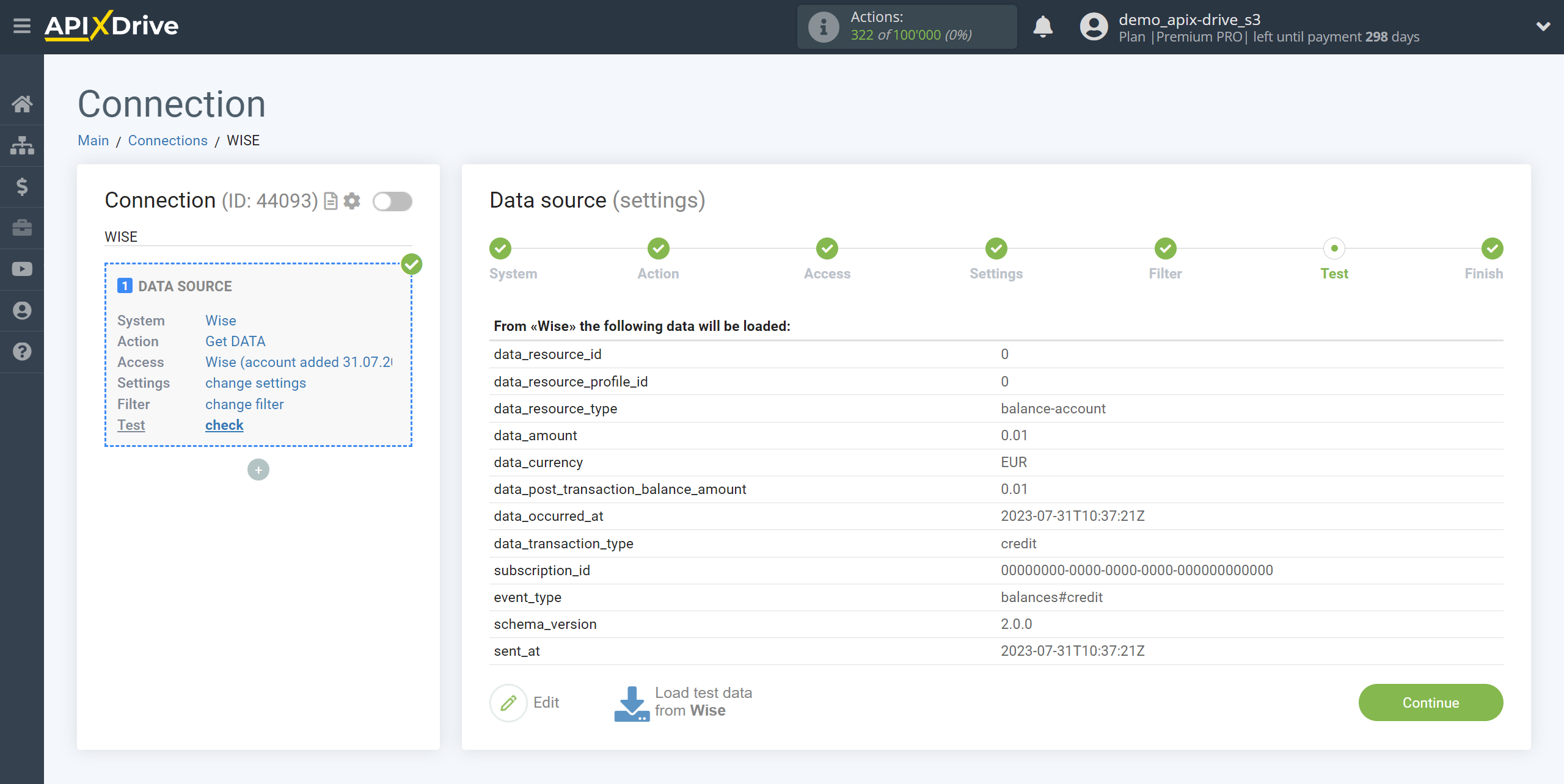 How to Connect Wise as Data Source | Test data