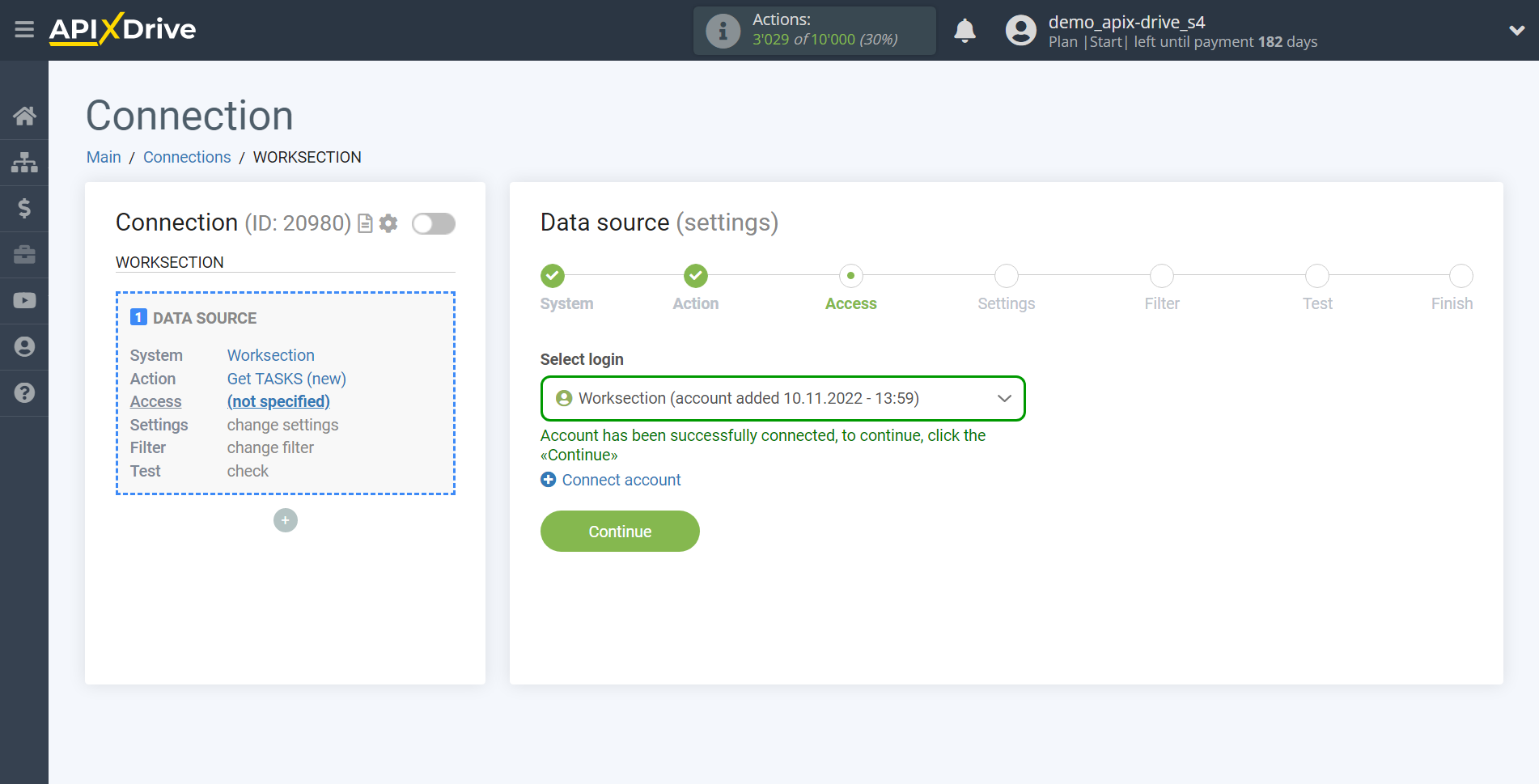 How to Connect Worksection as Data Source | Account selection