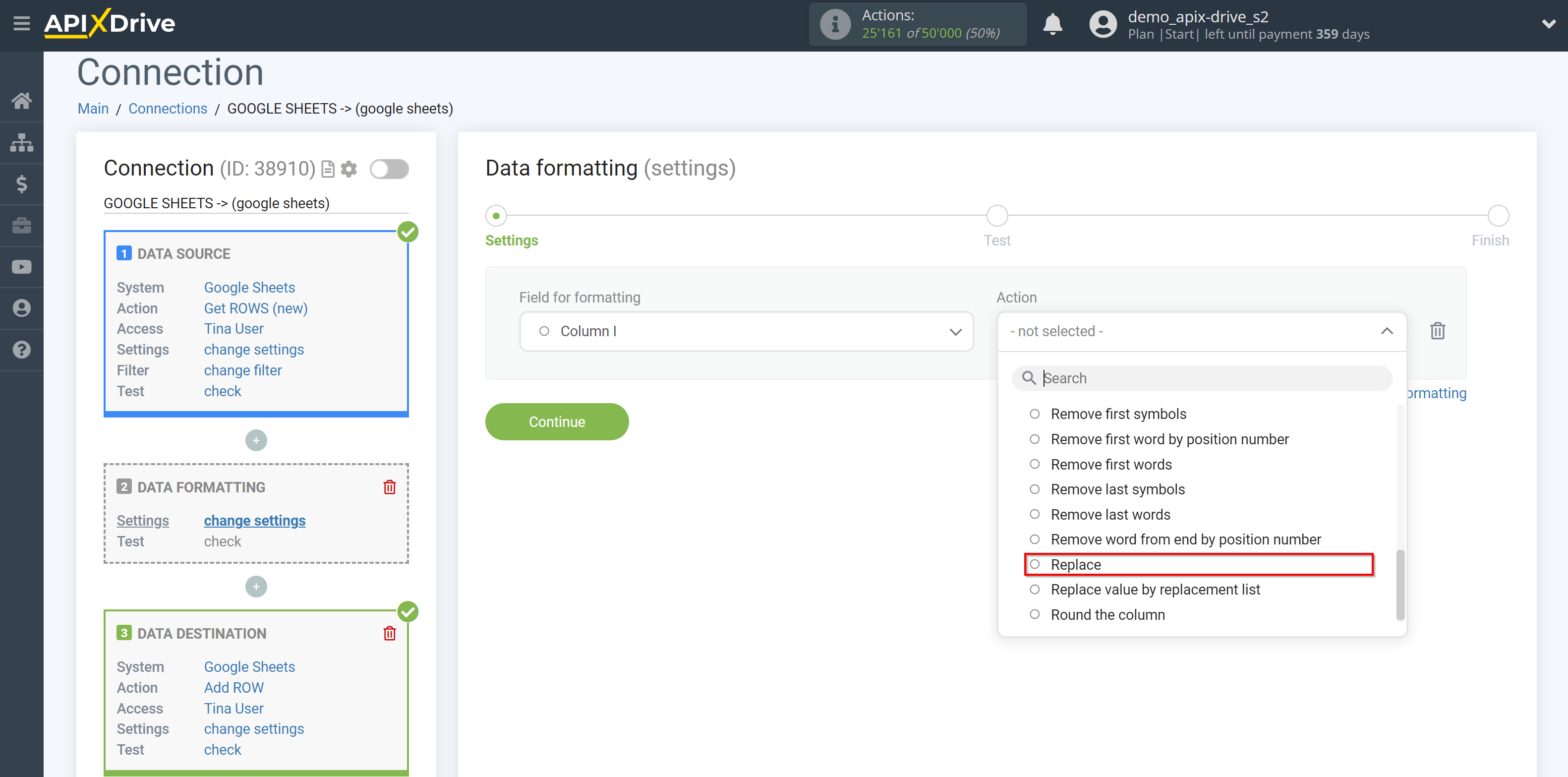 How to setup Data Formatting&nbsp;| Selecting the function&nbsp;Replace