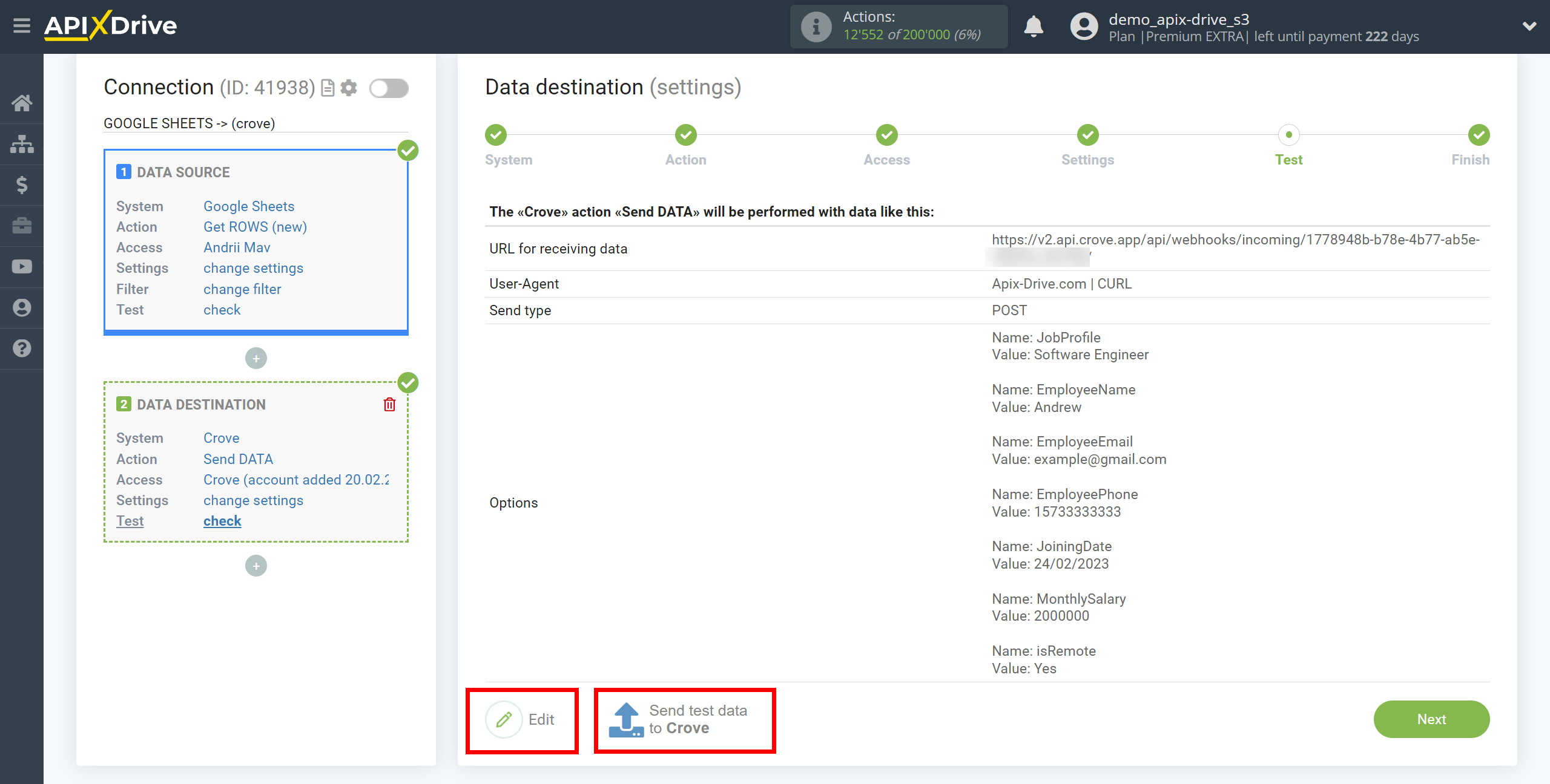 How to Connect Crove as Data Destination | Test data