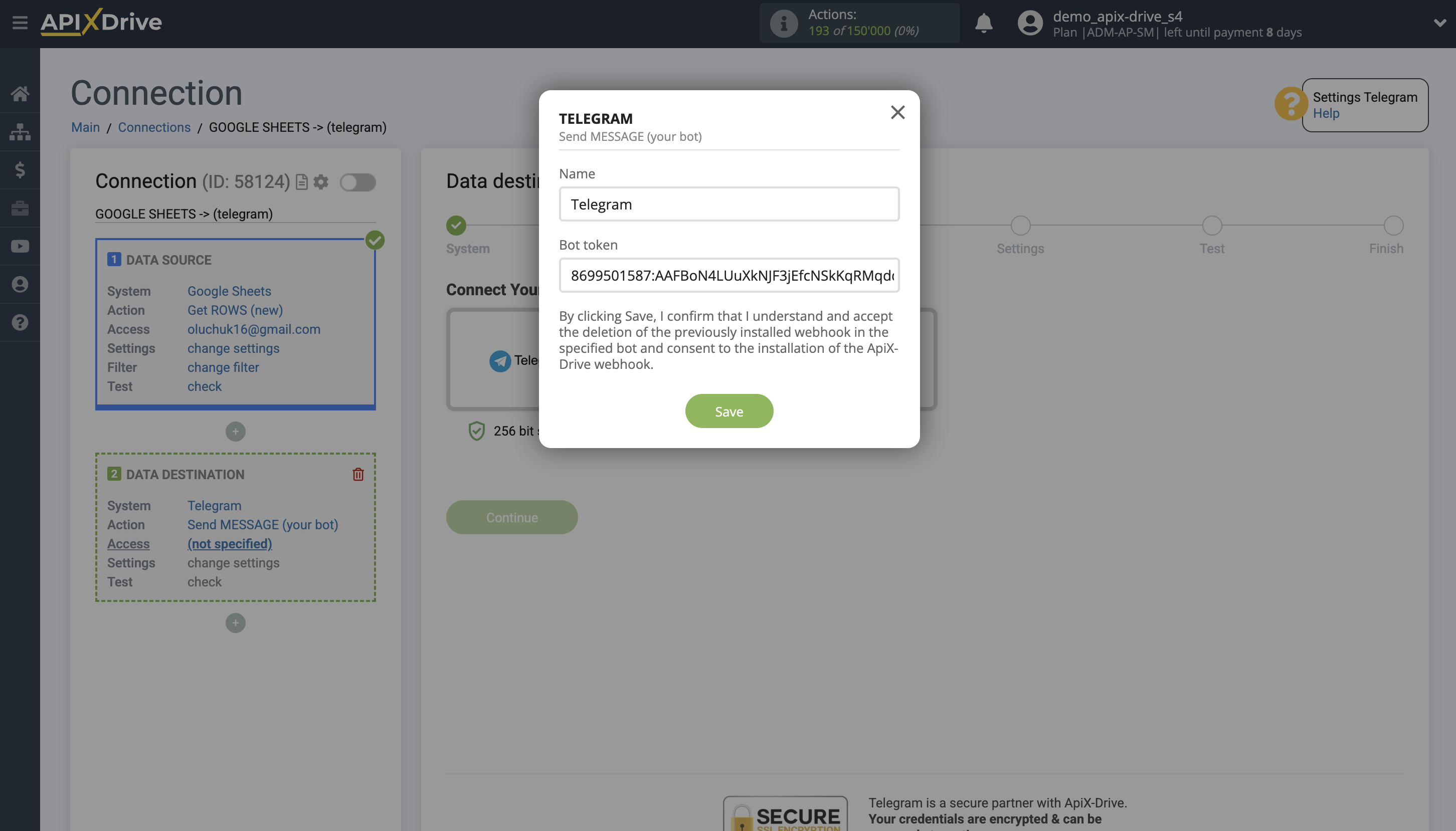 How to Connect Telegram as Data Destination | Entering the bot token data and saving your account