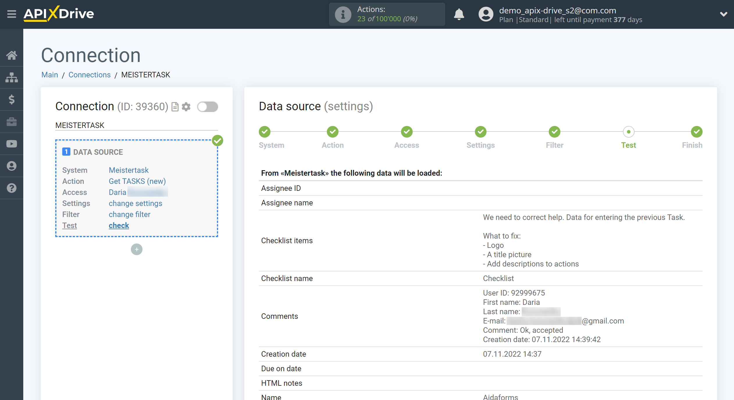 How to Connect MeisterTask as Data Source | Test data