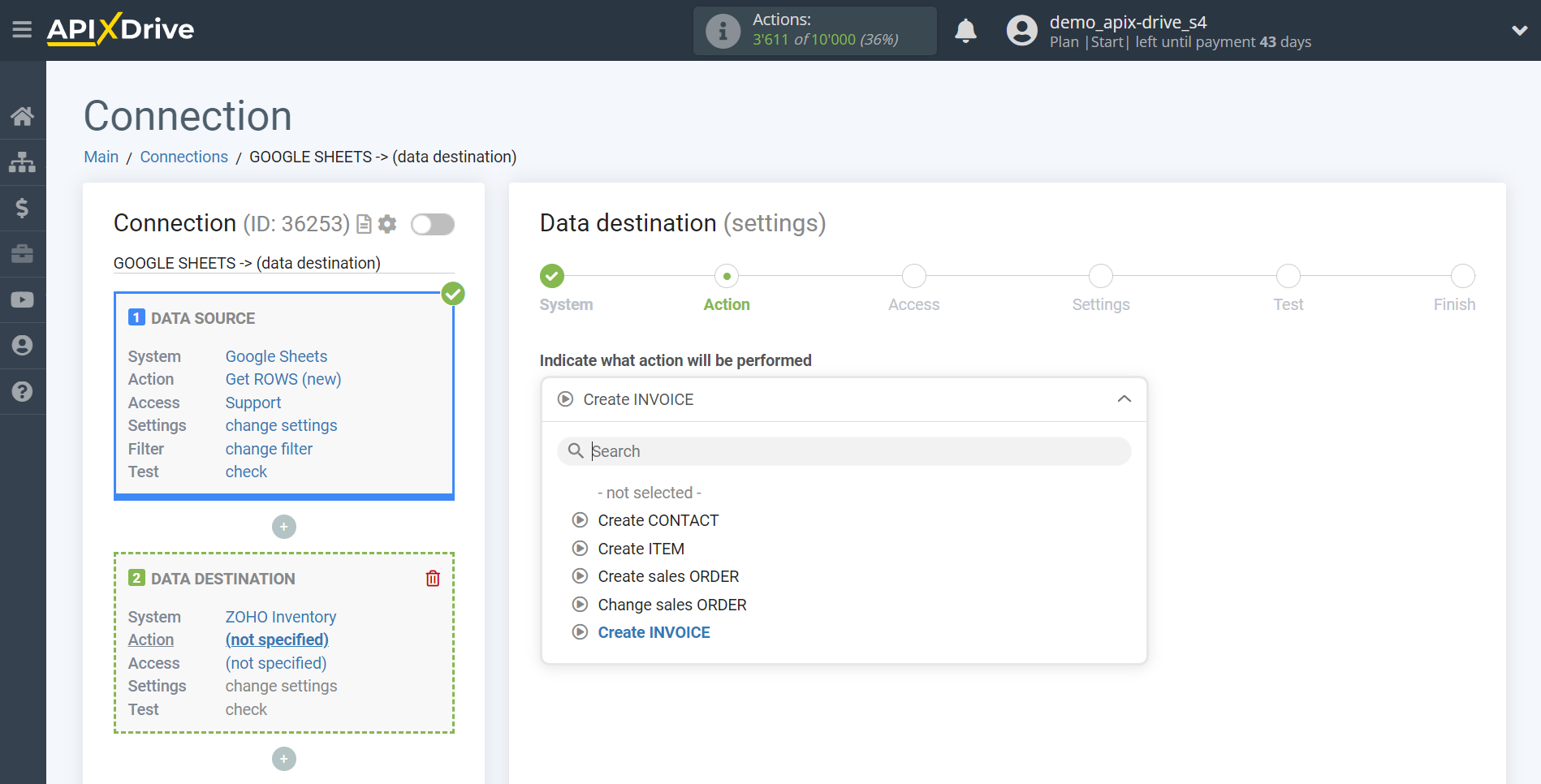 How to Connect Zoho Inventory as Data Destination | Action selection