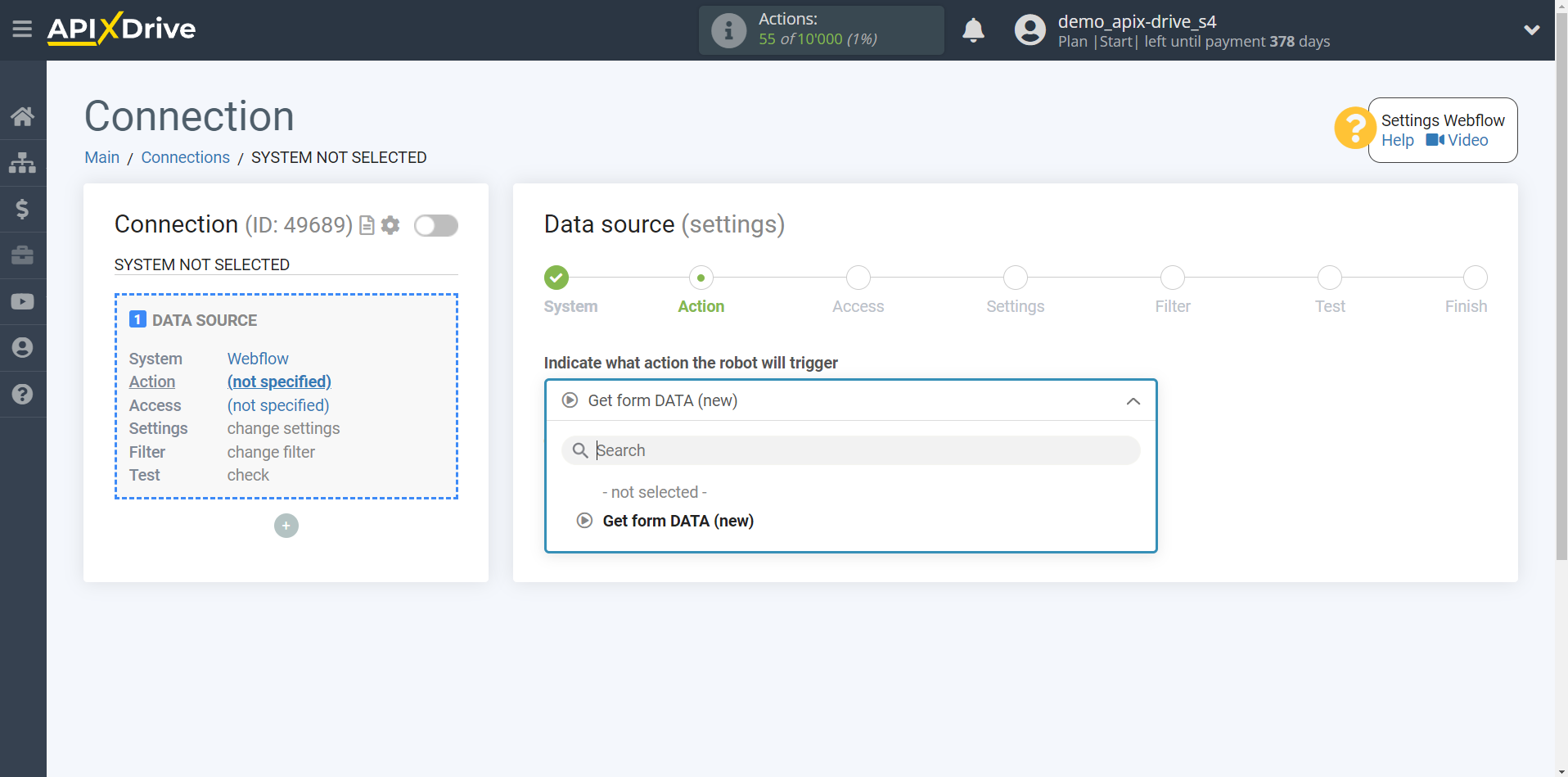 How to Connect Webflow as Data Source | Action selection