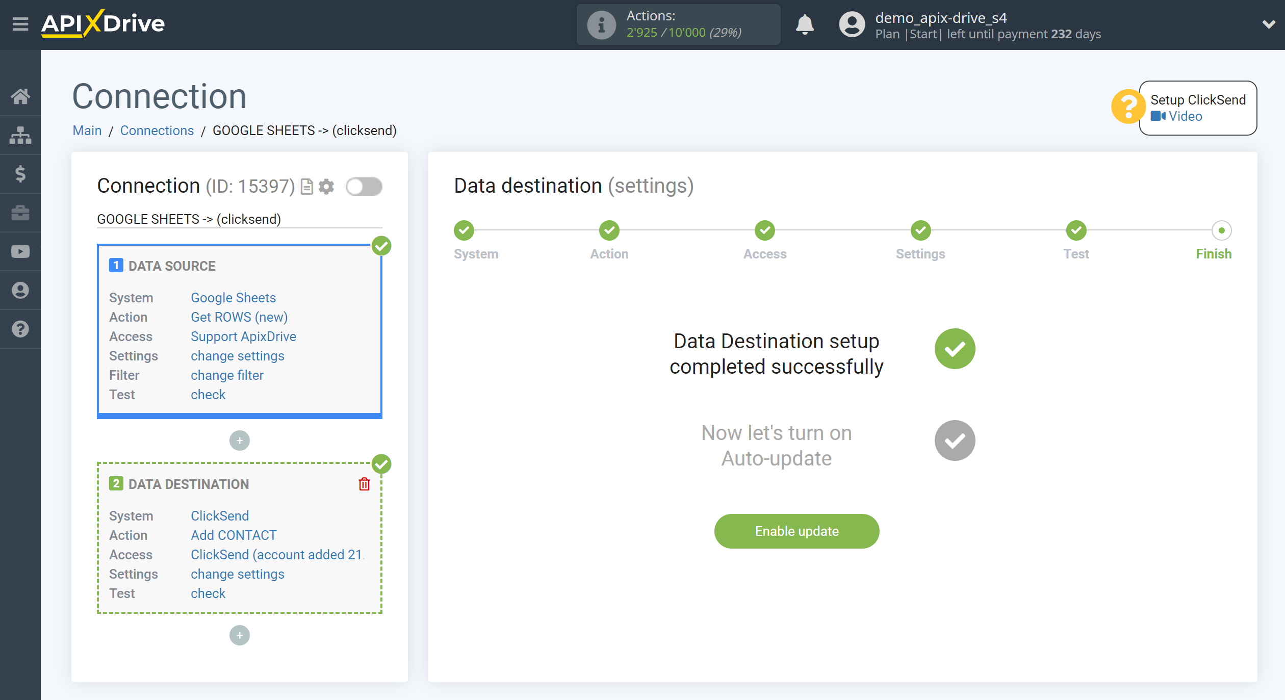 How to Connect ClickSend as Data Destination | Enable auto-update