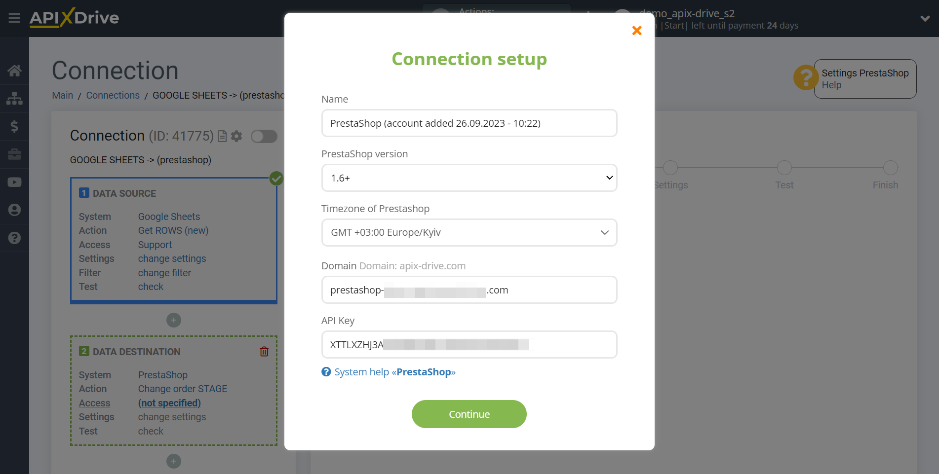 How to Connect PrestaShop as Data Destination | Account connection