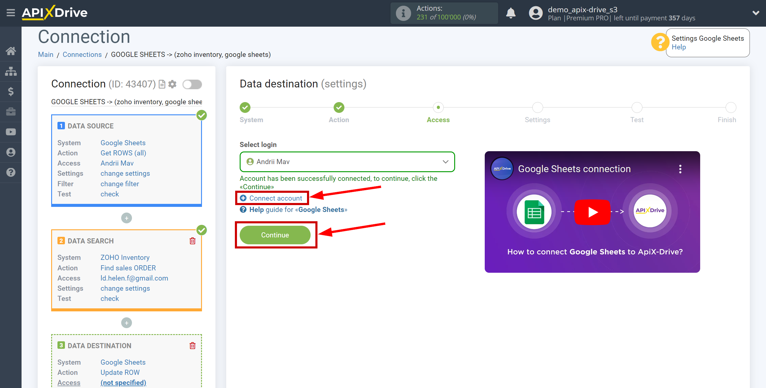 Setting up Zoho Inventory Sales Order Search in Google Sheets | Account selection