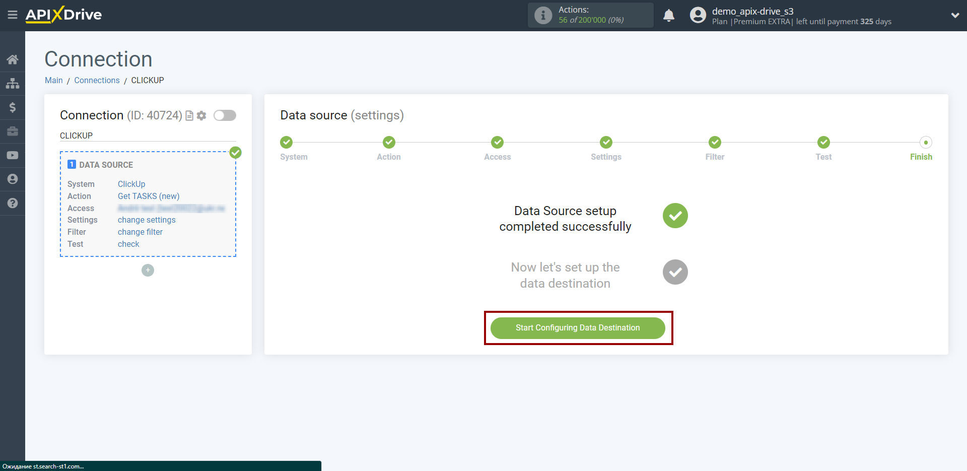 How to Connect ClickUp as Data Source | Go to setup the Data Destination system