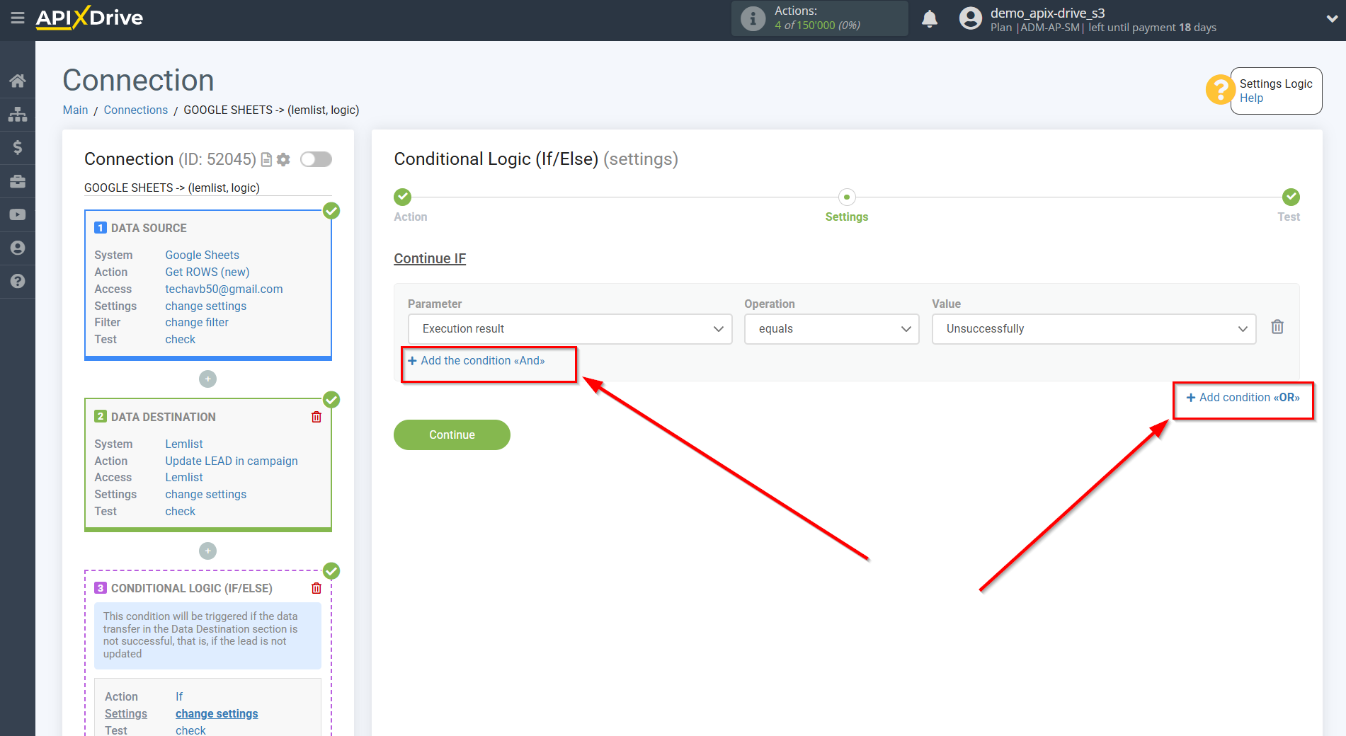 How to setup Lemlist Update Lead in campaign / Add Lead in campaign | Additional conditions "AND", "OR"