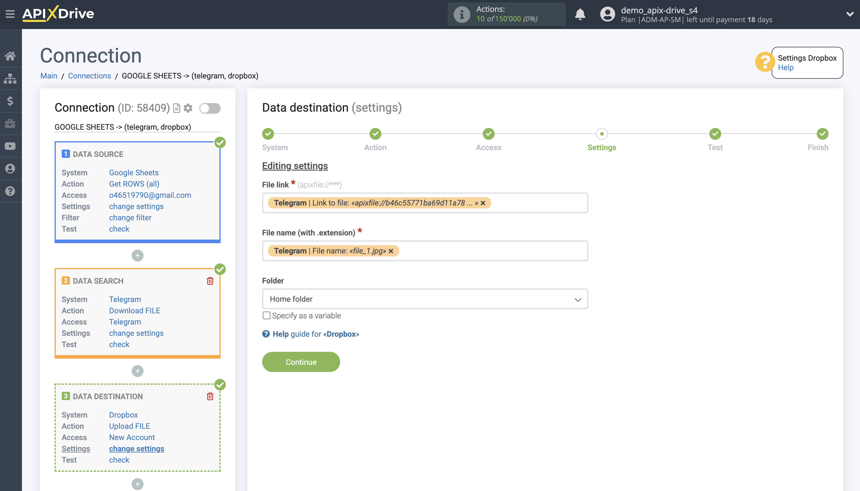 Telegram File Upload Settings to Dropbox | Assigning fields