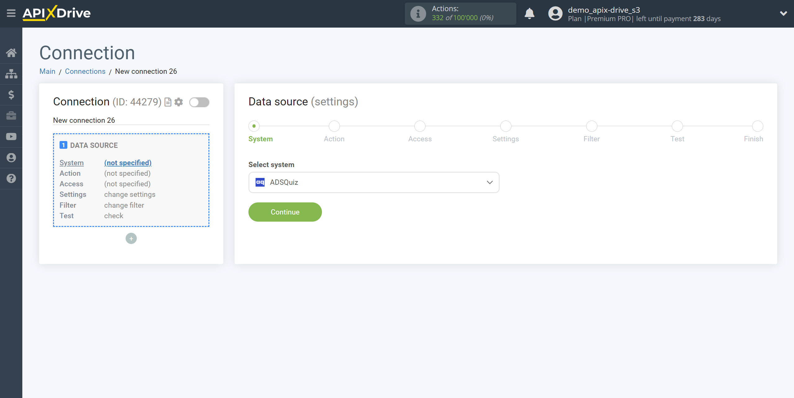 How to Connect ADSQuiz as Data Source | System selection