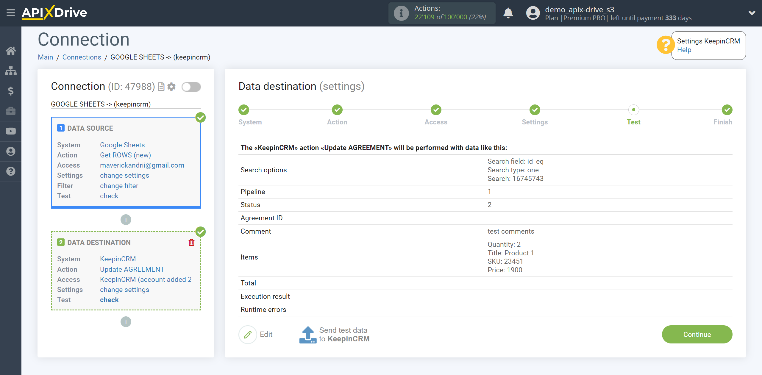 How to setup KeepinCRM Update Agreement / Create Agreement | Test data