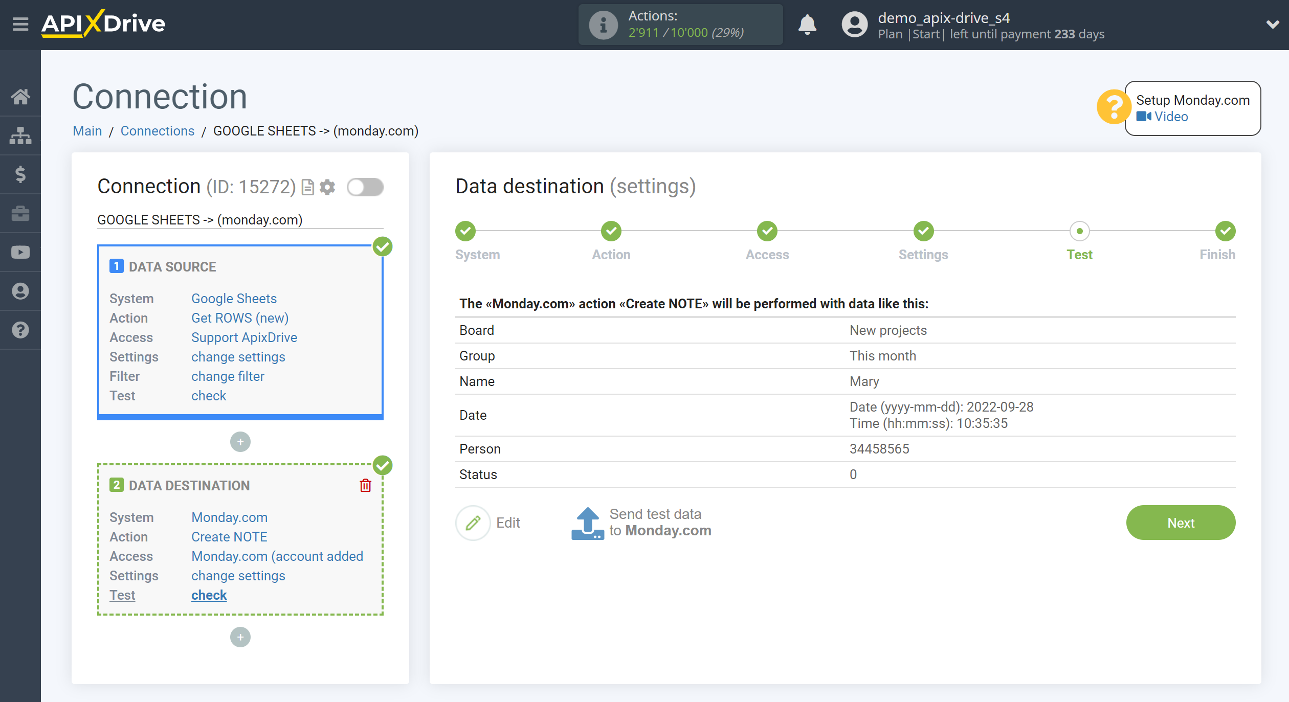 How to Connect Monday.com as Data Destination | Test data