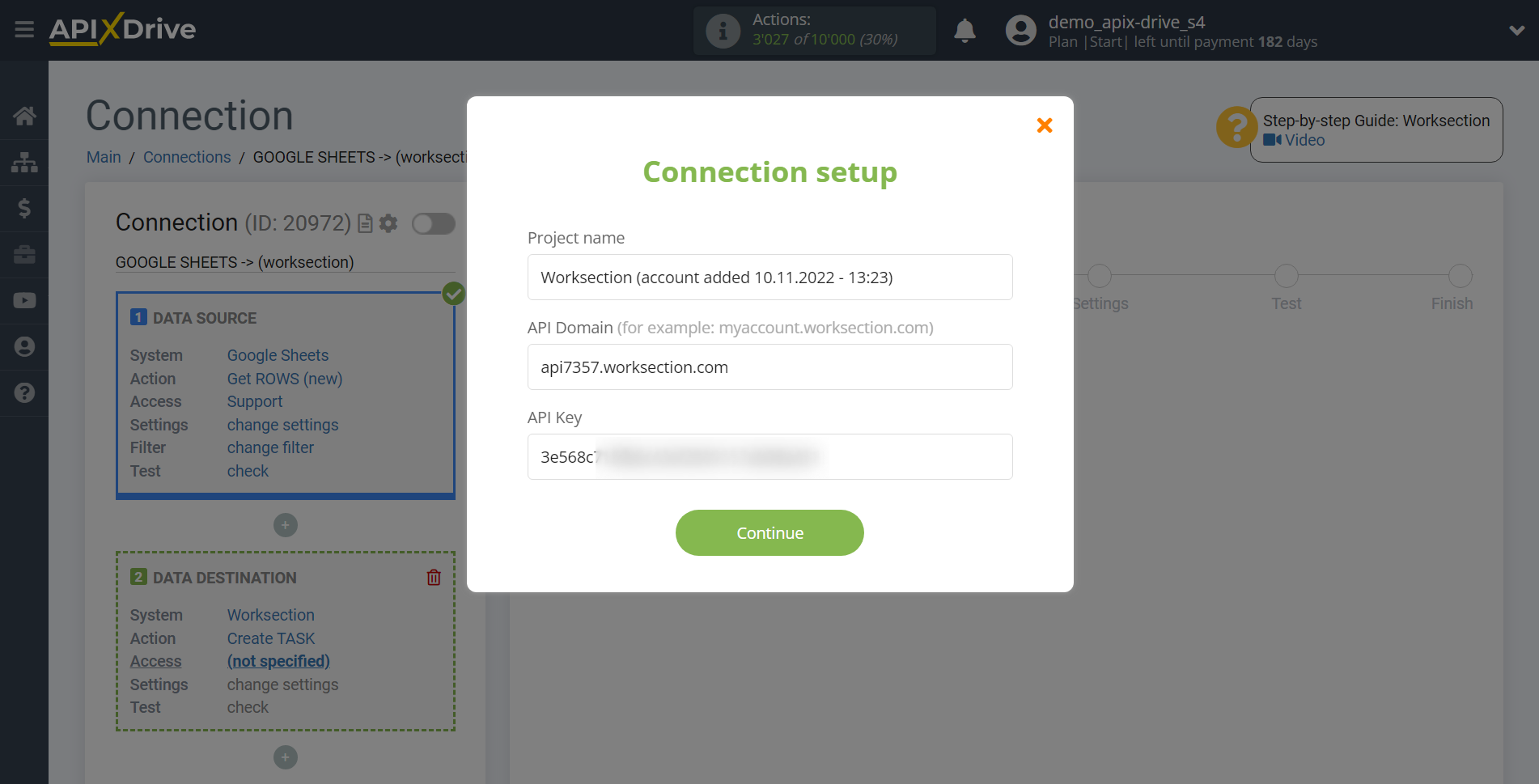 How to Connect Worksection as Data Destination | Connection setup