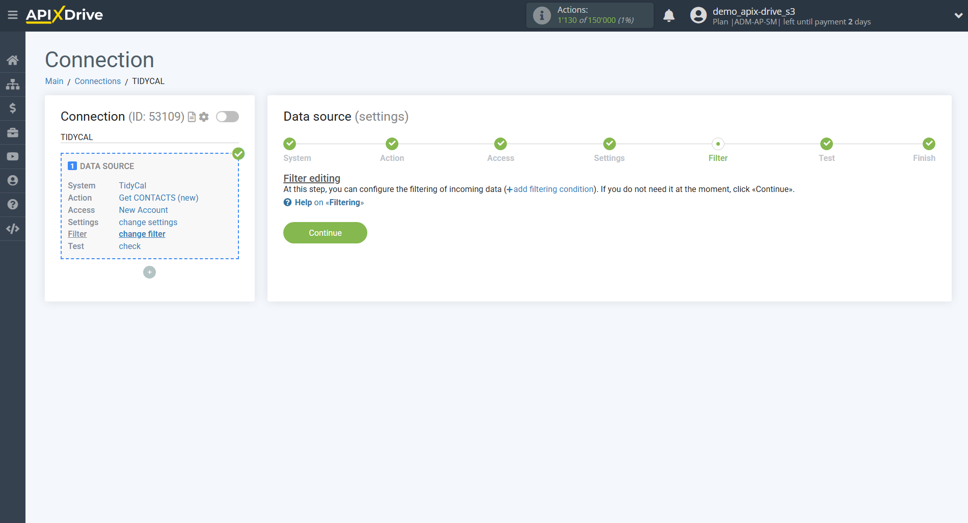 How to Connect Tidycal as Data Source | Data filter