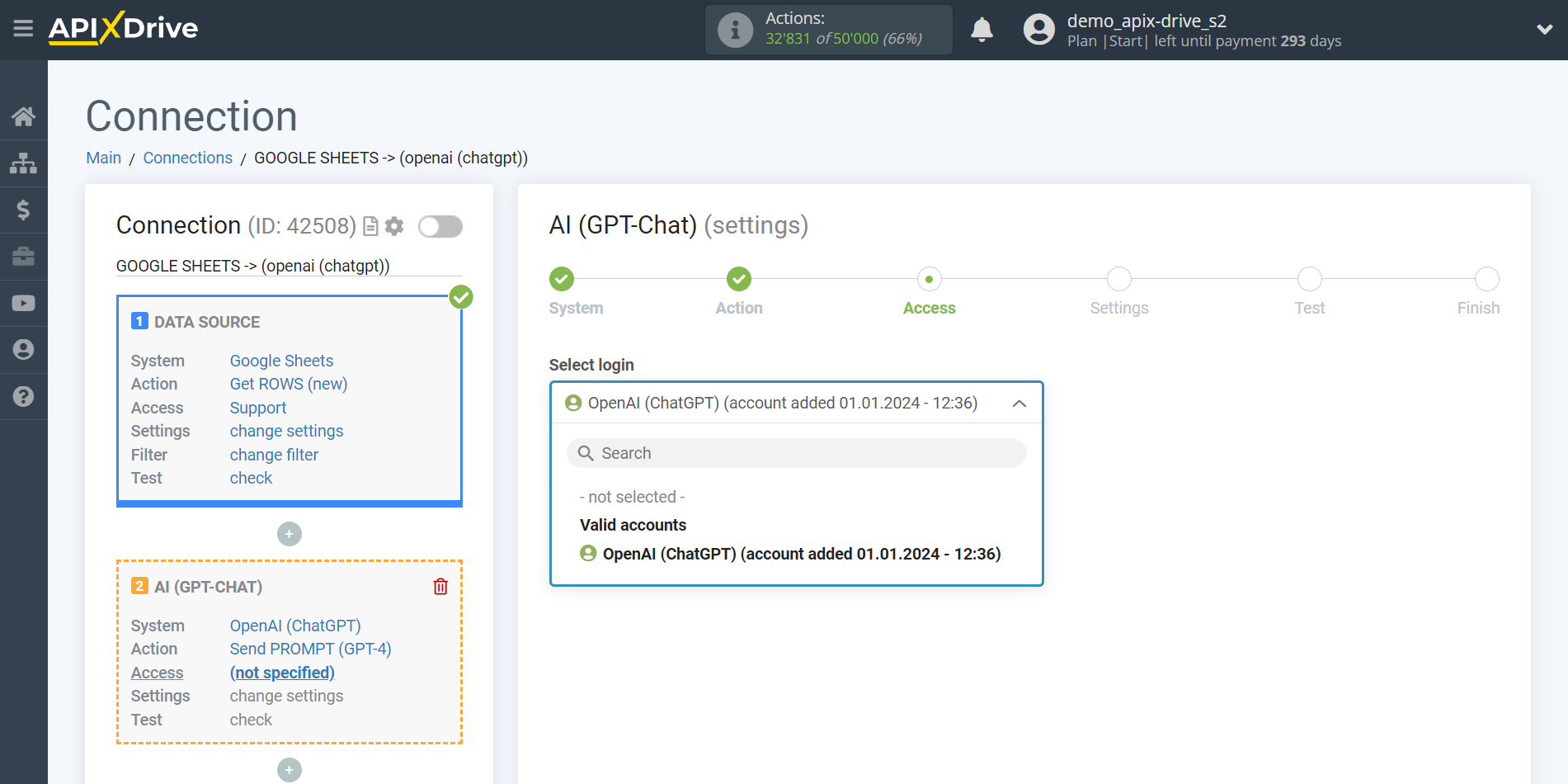 Setting up OpenAI (ChatGPT) in Google Sheets | Account selection