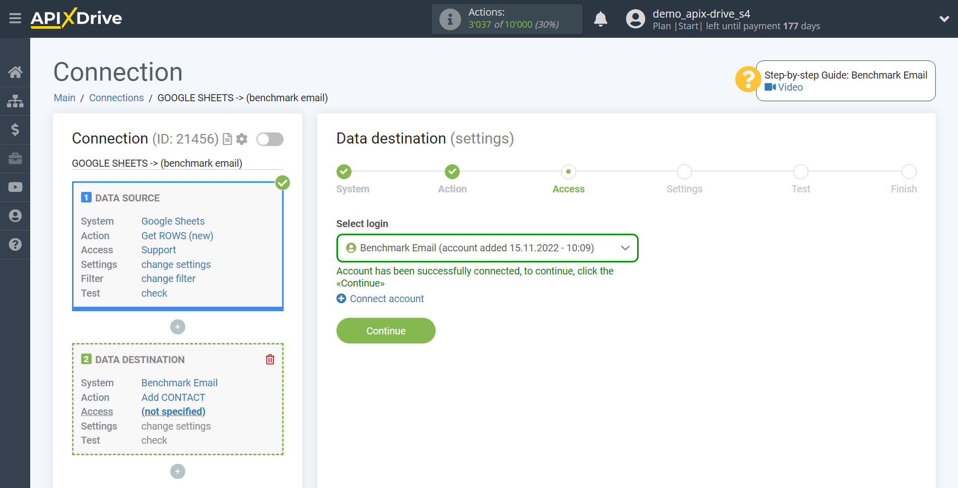 How to Connect Benchmarkemail as Data Destination | Account selection