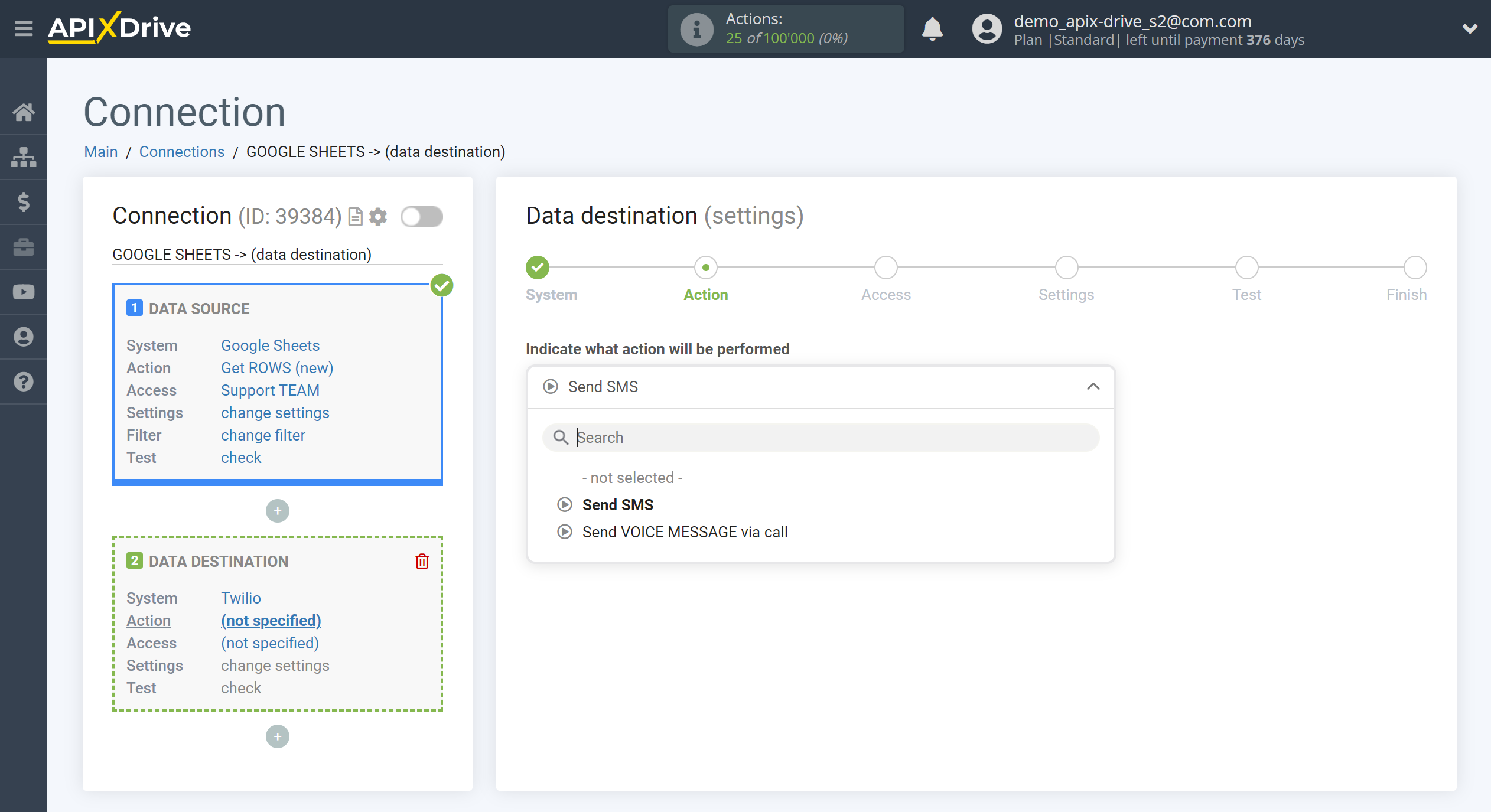 How to Connect Twilio as Data Destination | Action selection