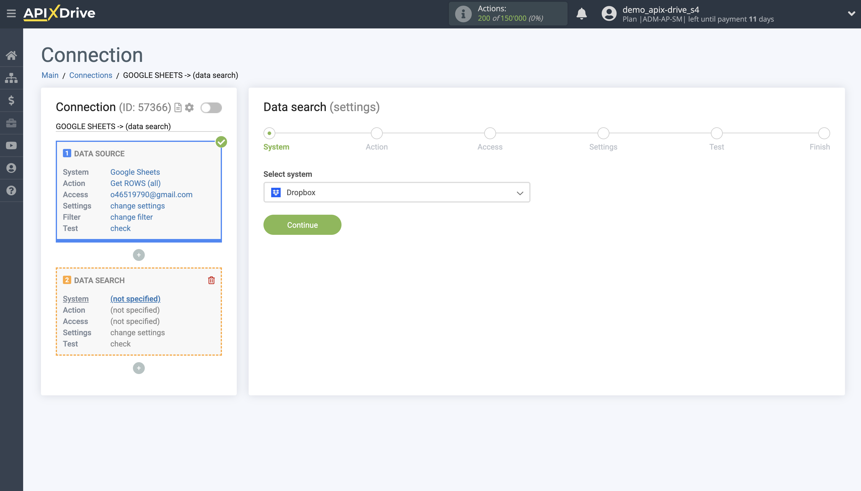 Setting up Dropbox Contact Search in Google Sheets | System selection