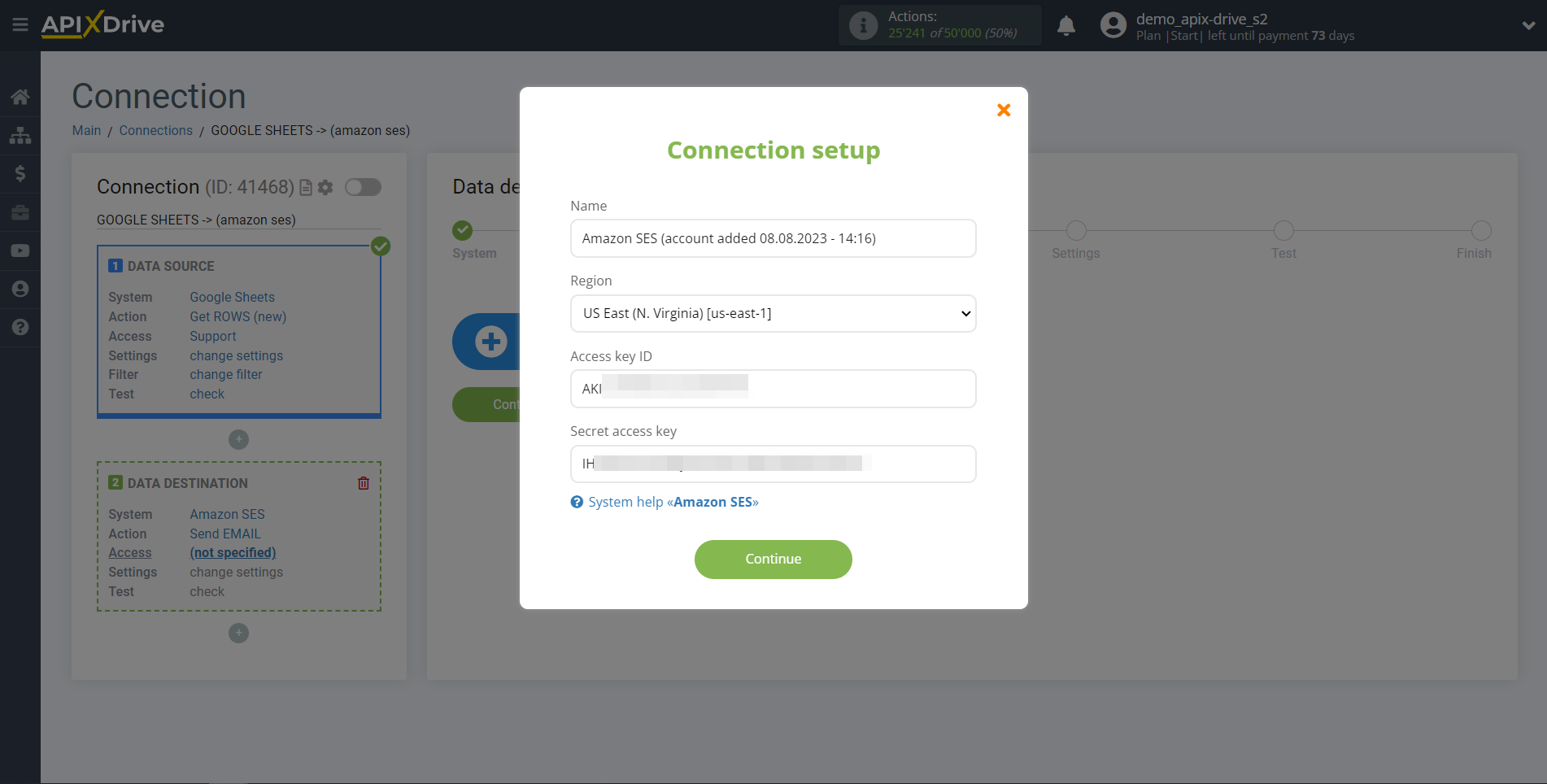 How to Connect Amazon SES as Data Destination | Connection setup