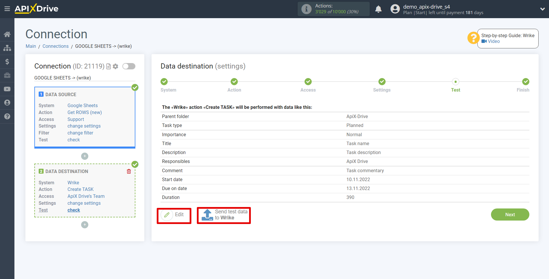 How to Connect Wrike as Data Destination | Test data