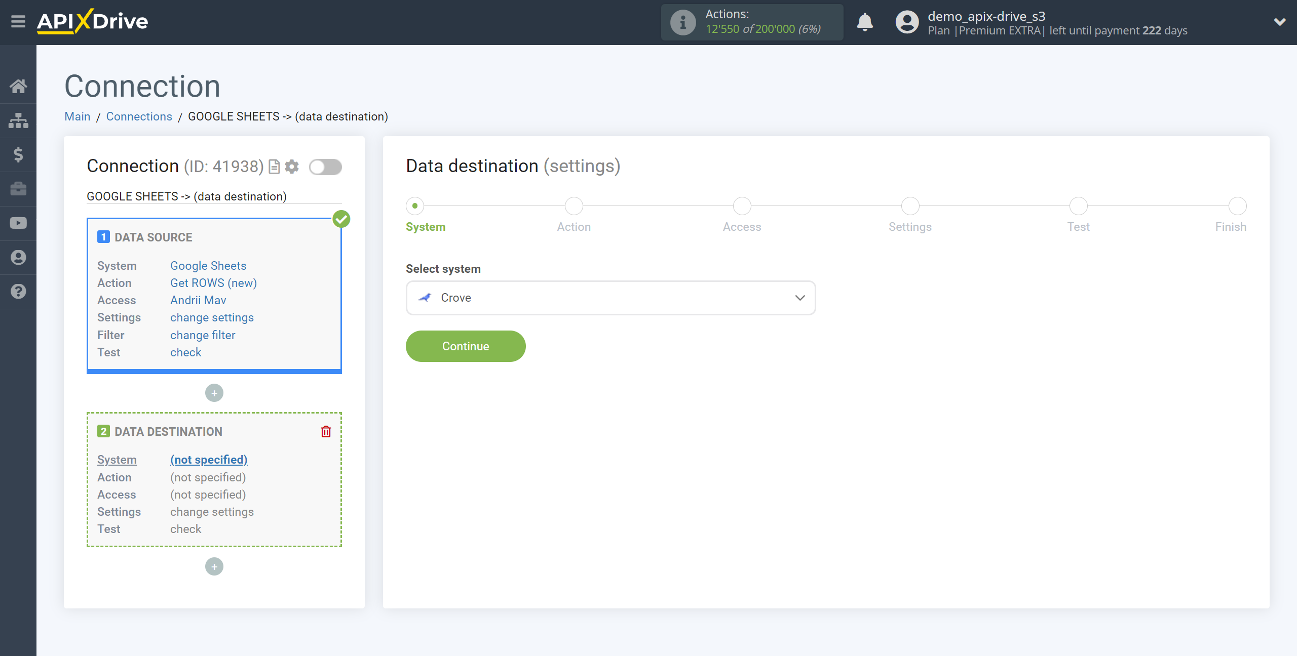 How to Connect Crove as Data Destination | System selection